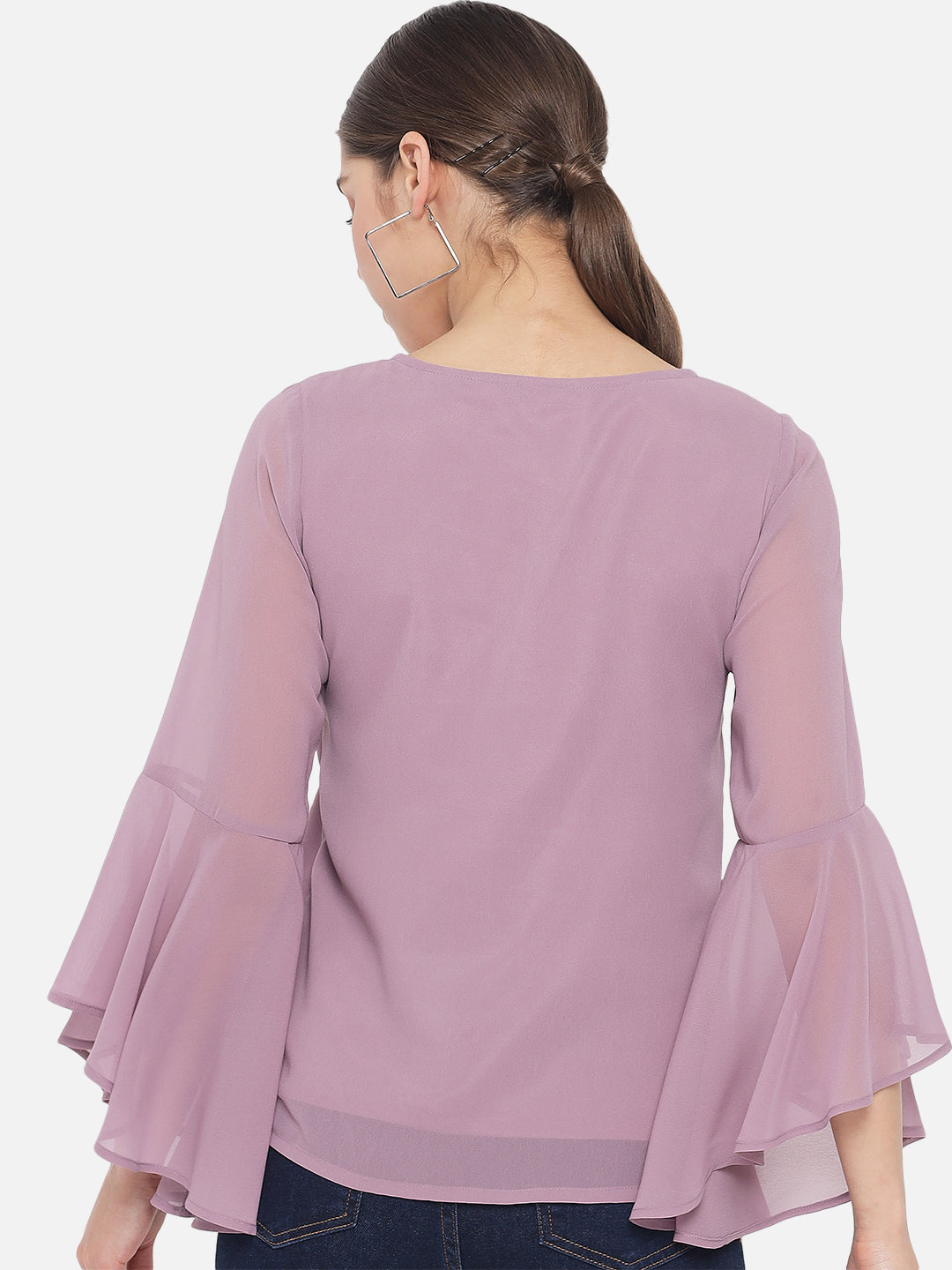 Solid Purple Keyhole Neck Poly Georgette Top for Women