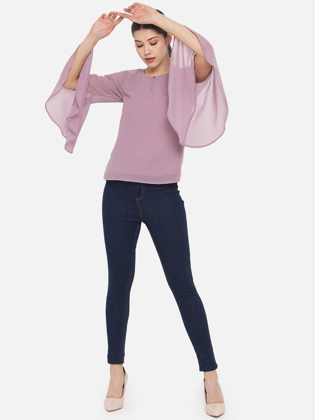 Solid Purple Keyhole Neck Poly Georgette Top for Women