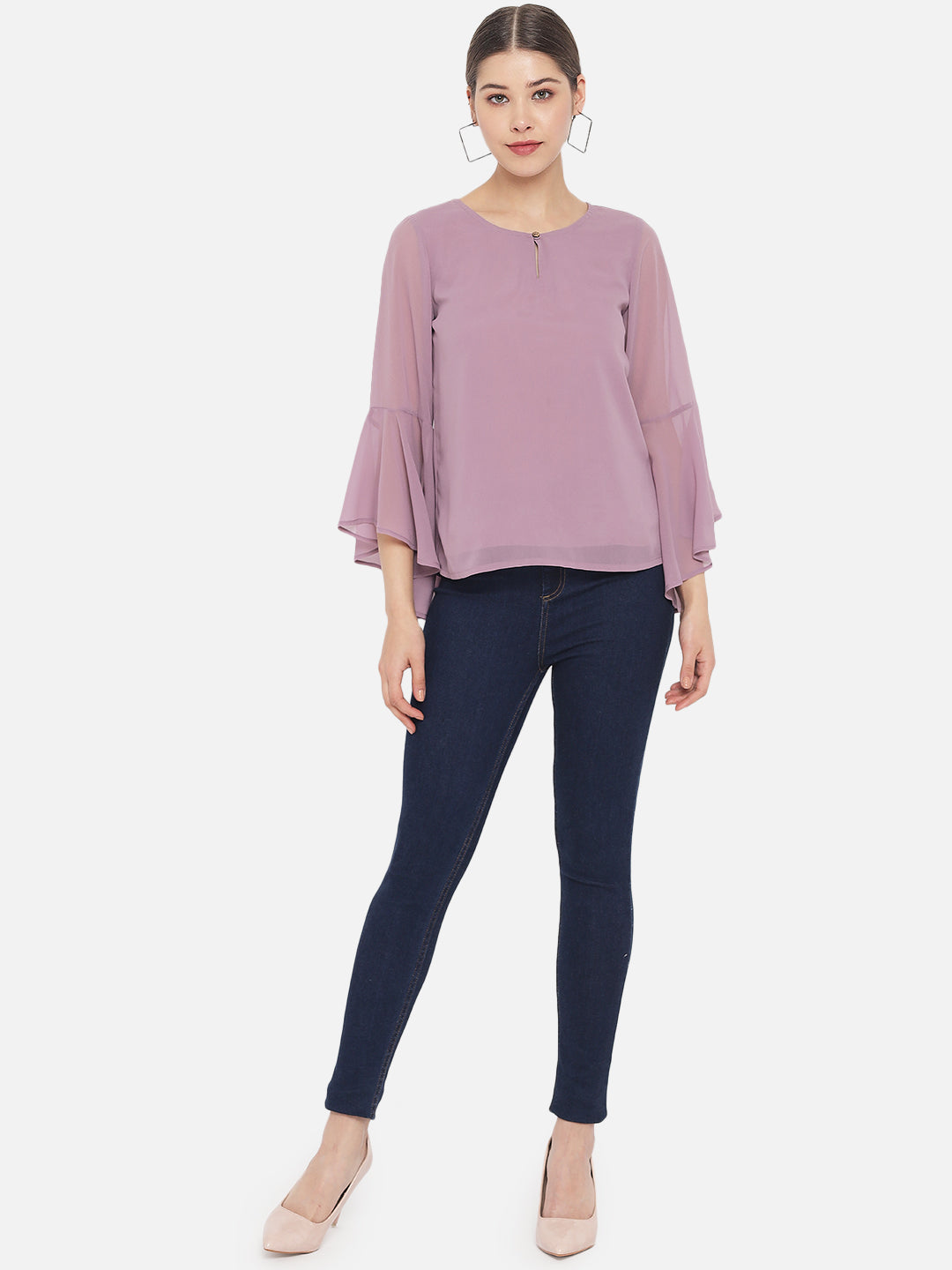 Solid Purple Keyhole Neck Poly Georgette Top for Women