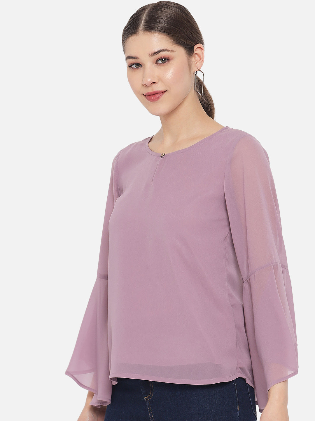 Solid Purple Keyhole Neck Poly Georgette Top for Women