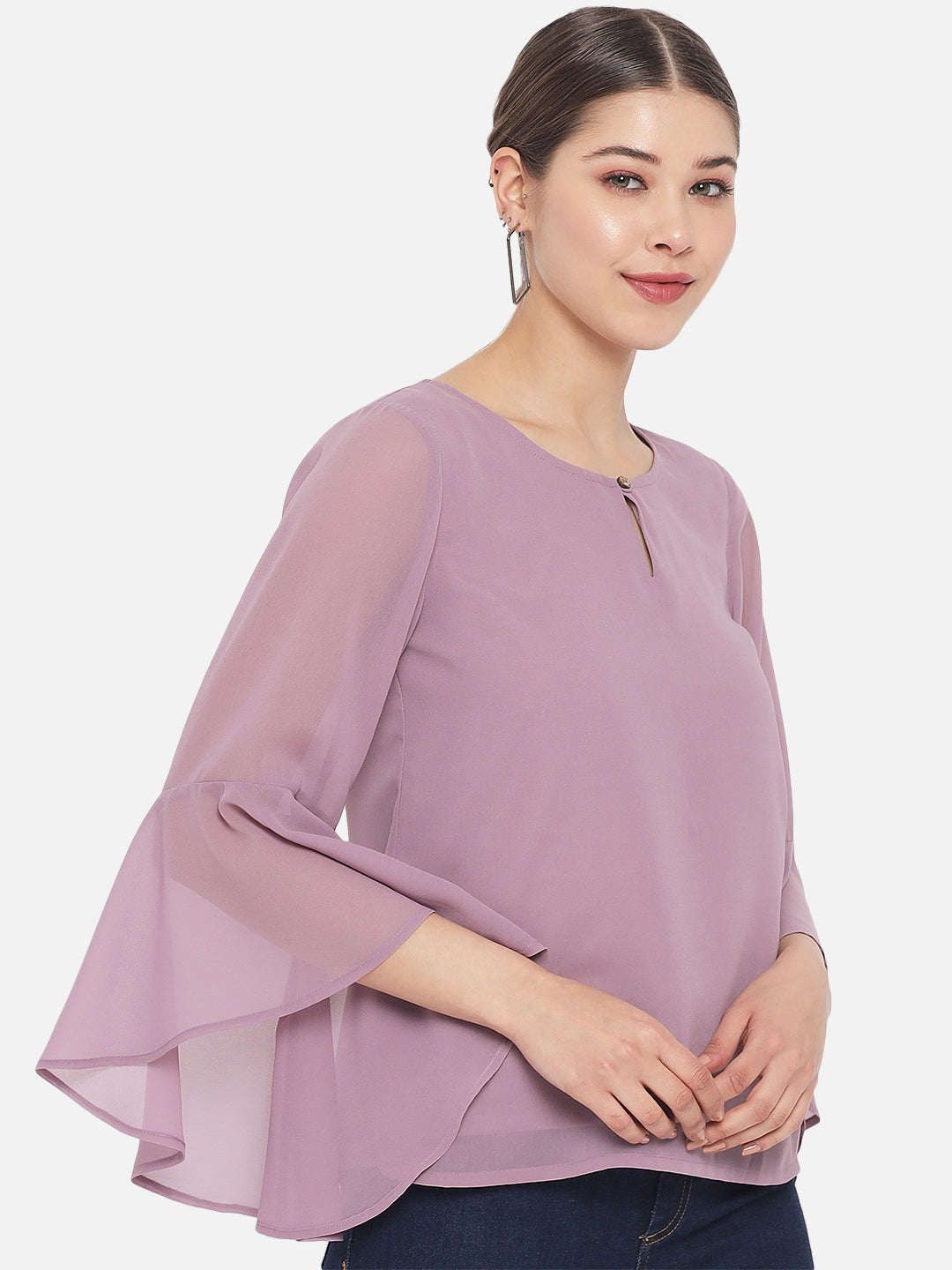 Solid Purple Keyhole Neck Poly Georgette Top for Women