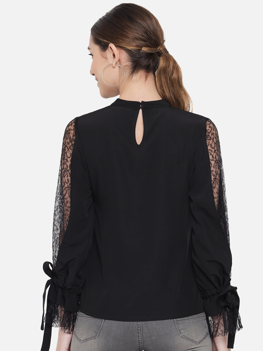 Black Solid Net Sleeve Choker Neck Top for Women