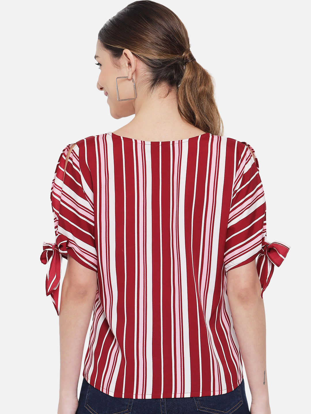 Red Stripe Knot Sleeve Round Neck Top for Women