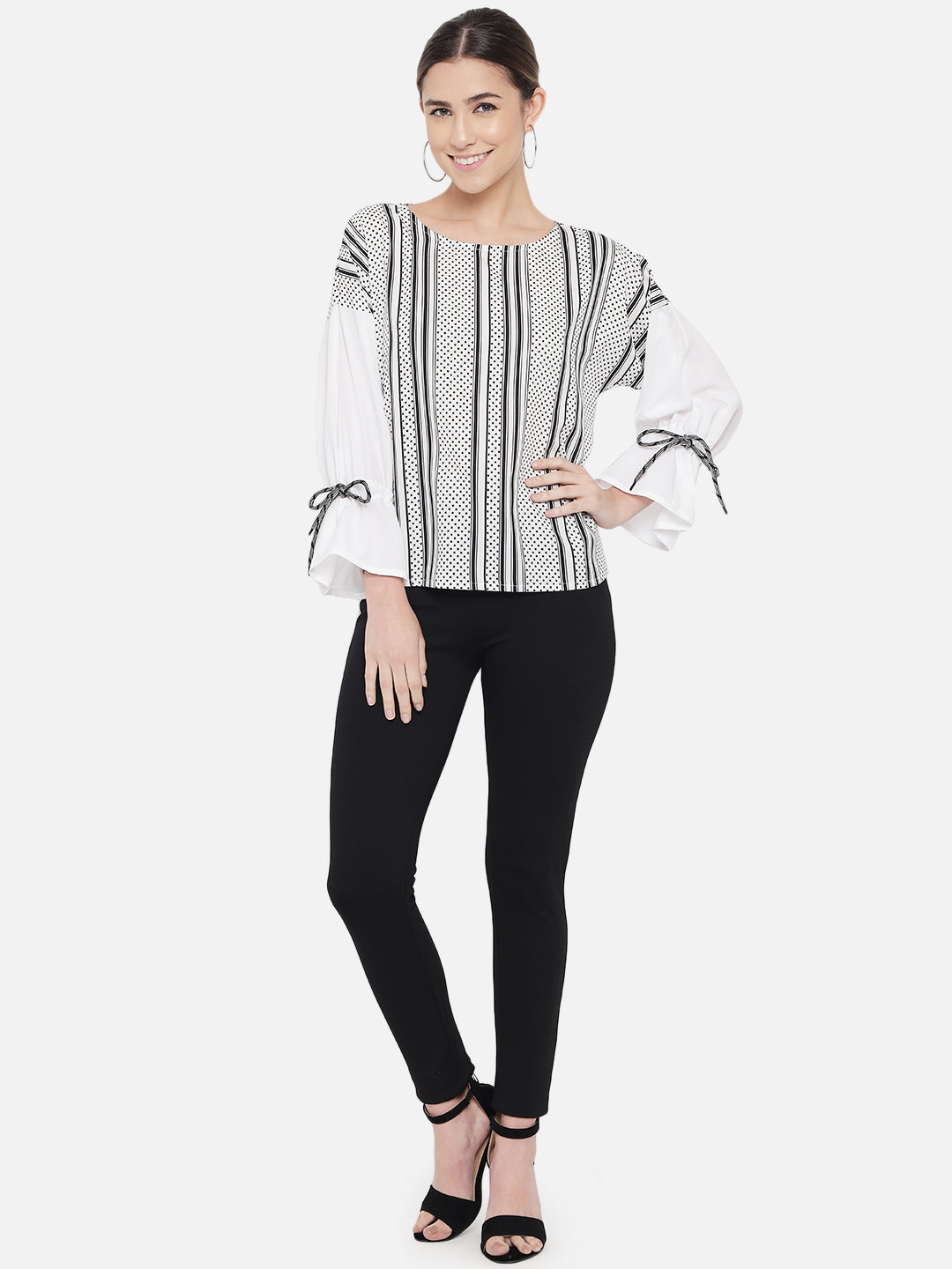 White Polka Dot Round Neck Top for Women