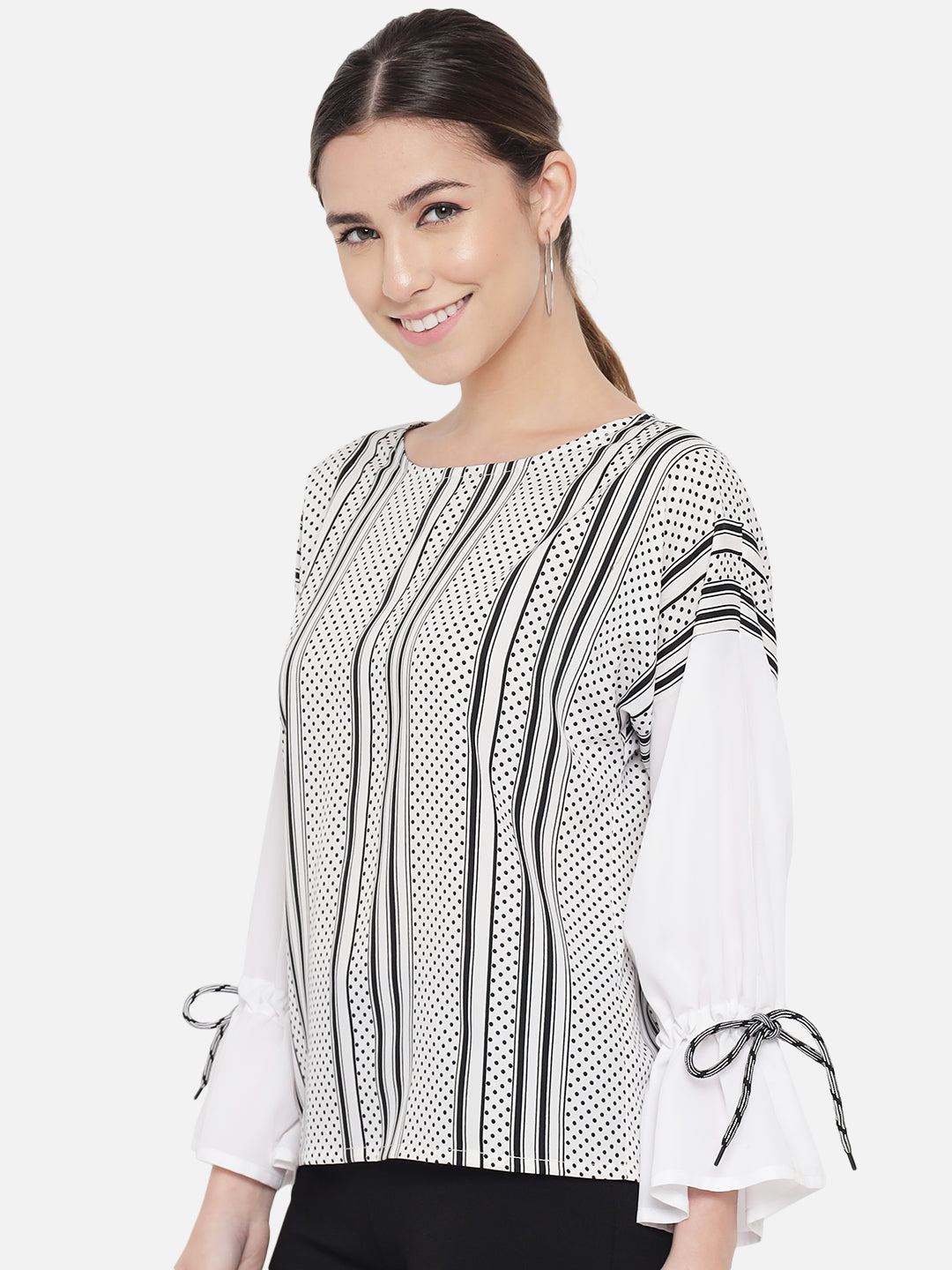 White Polka Dot Round Neck Top for Women
