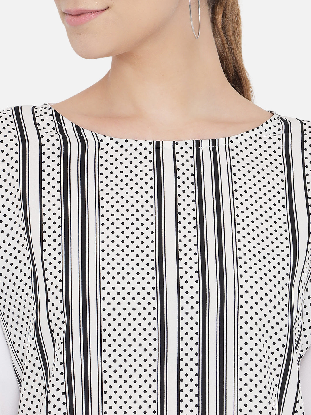 White Polka Dot Round Neck Top for Women