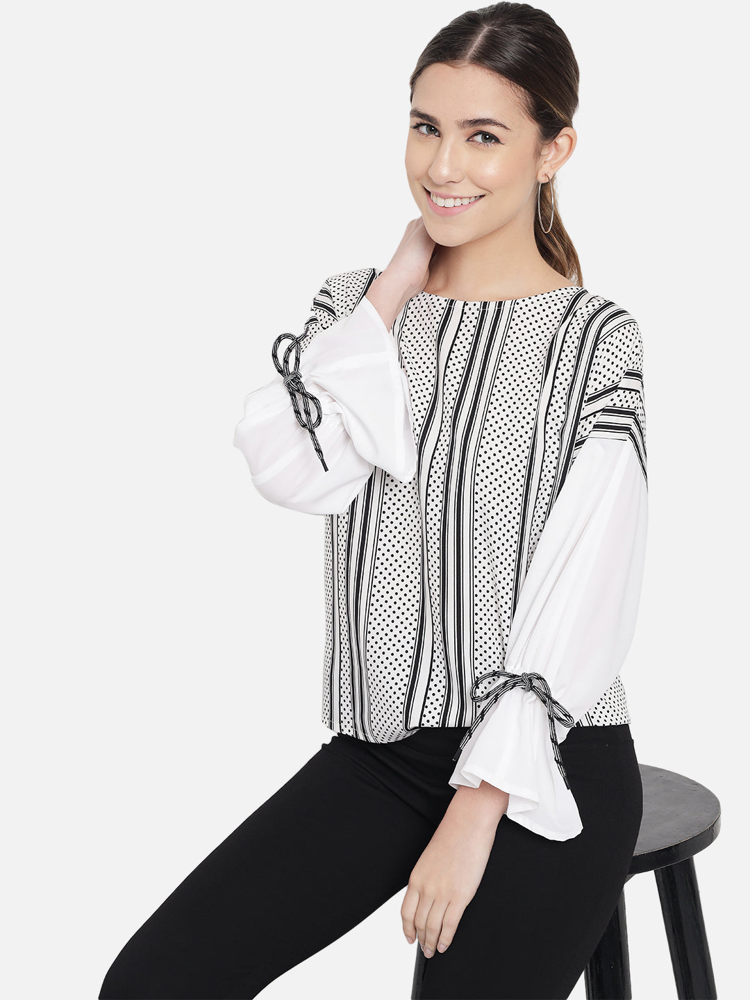 White Polka Dot Round Neck Top for Women