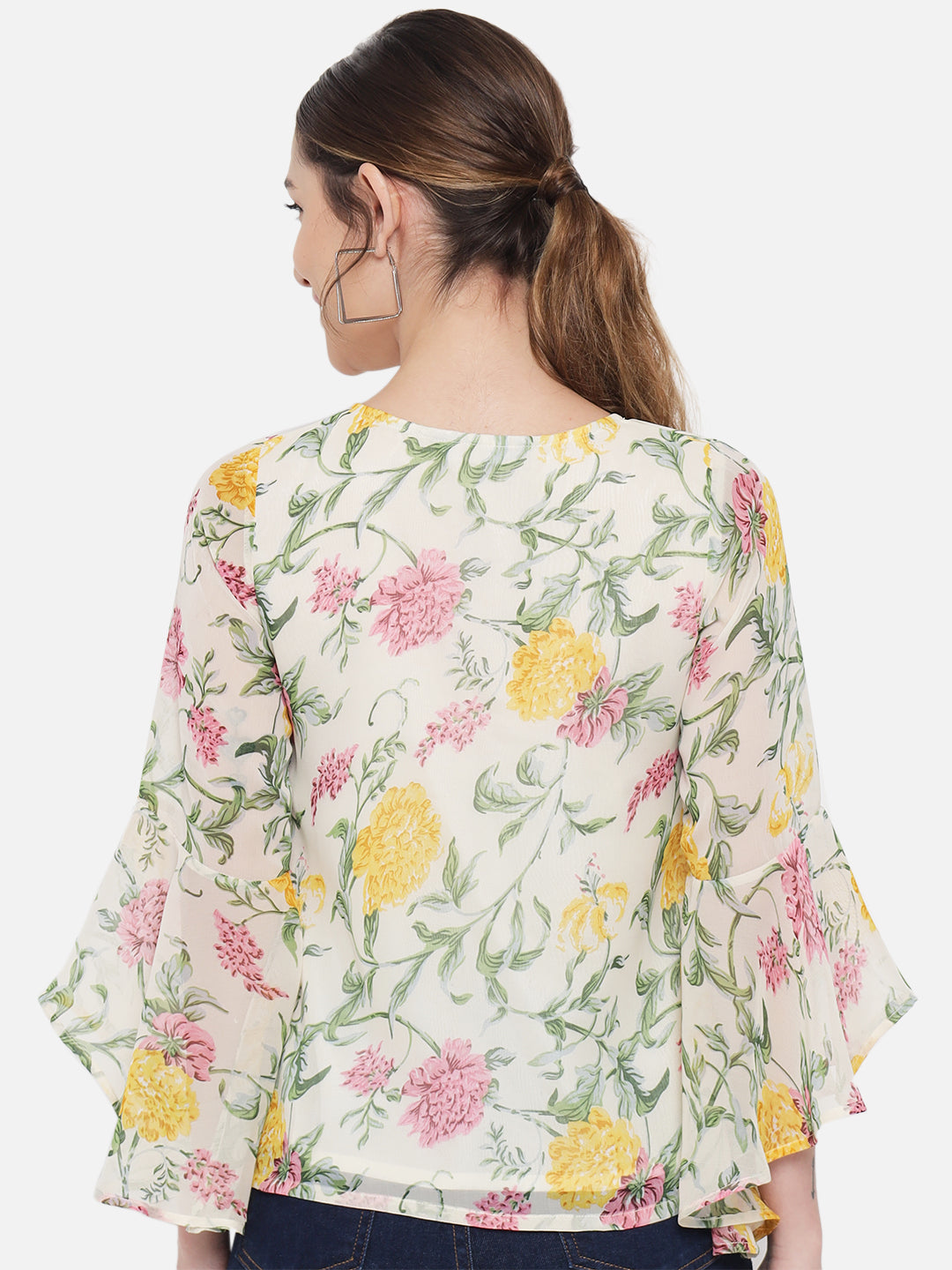 Multicolor Floral Keyhole Neck Poly Georgette Top for Women