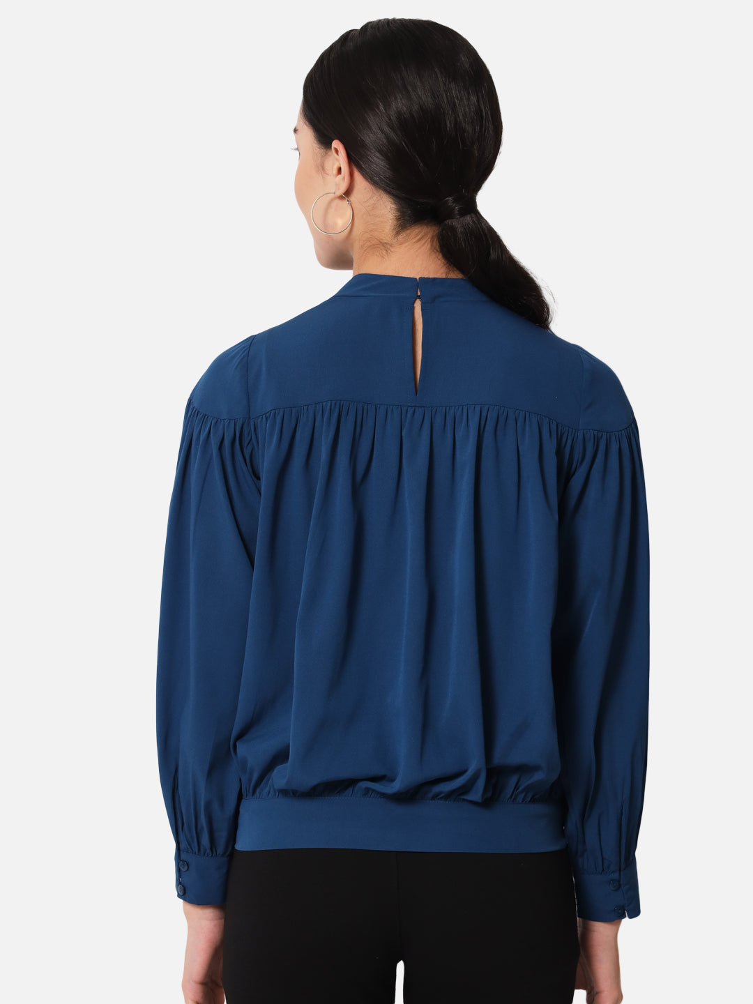 Blue Solid Mock Neck Top for Women