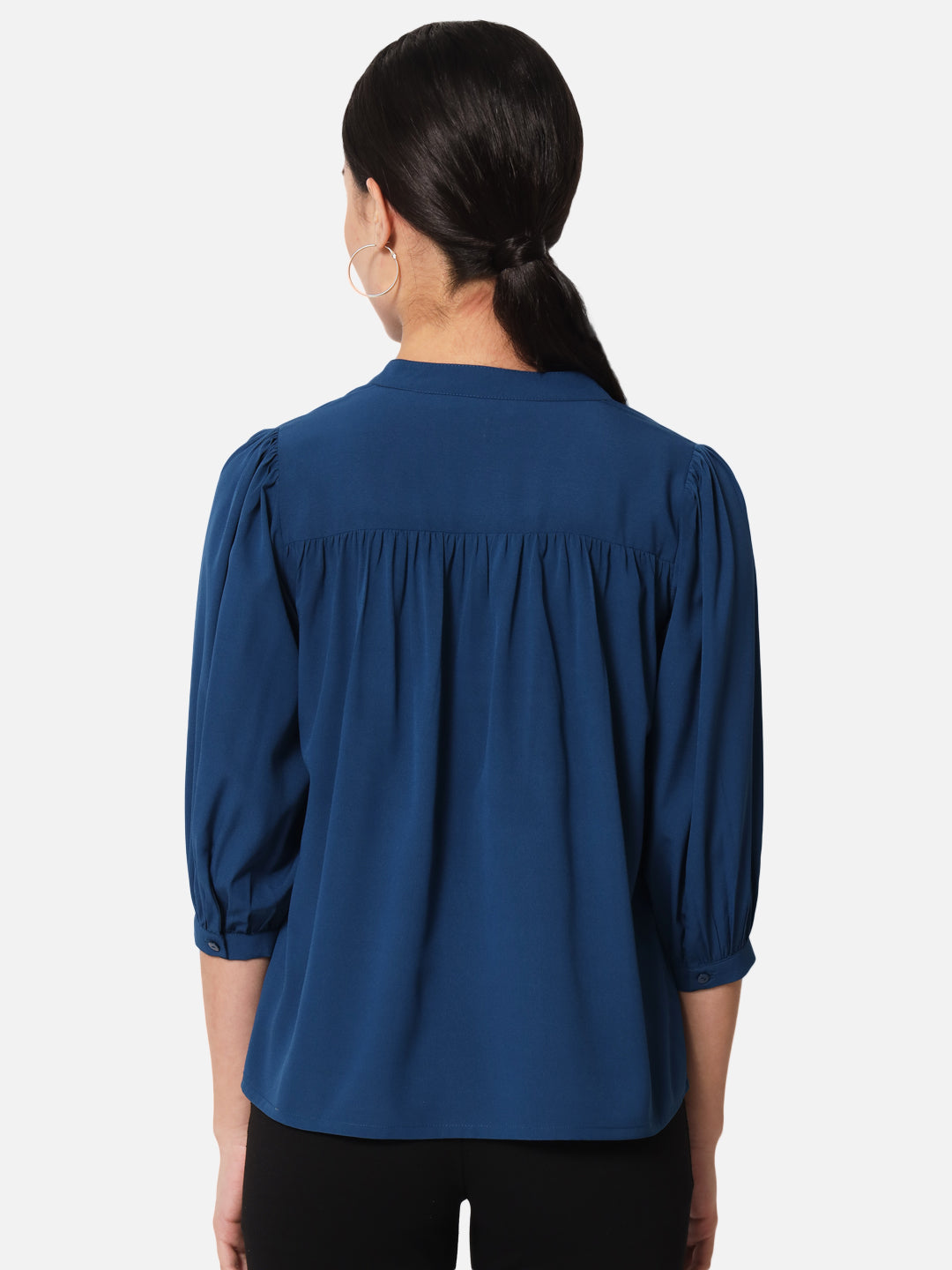 Blue Solid Mandarin Collar Top for Women