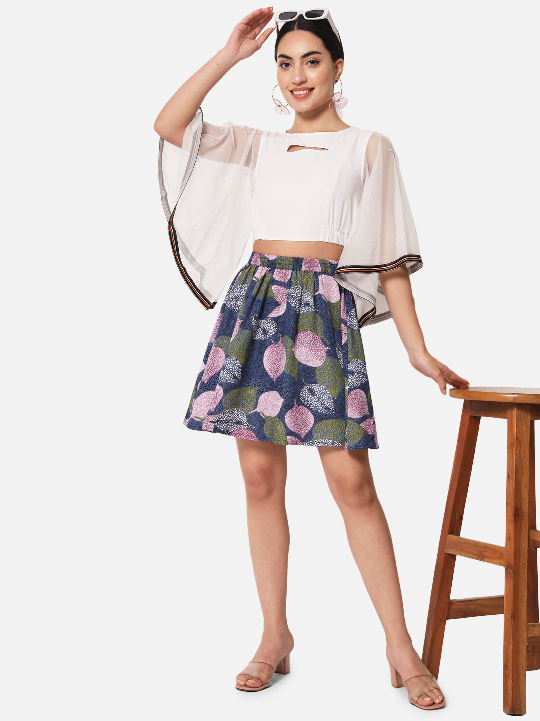 Leaf Printed Above Knee Length Skirt for Women