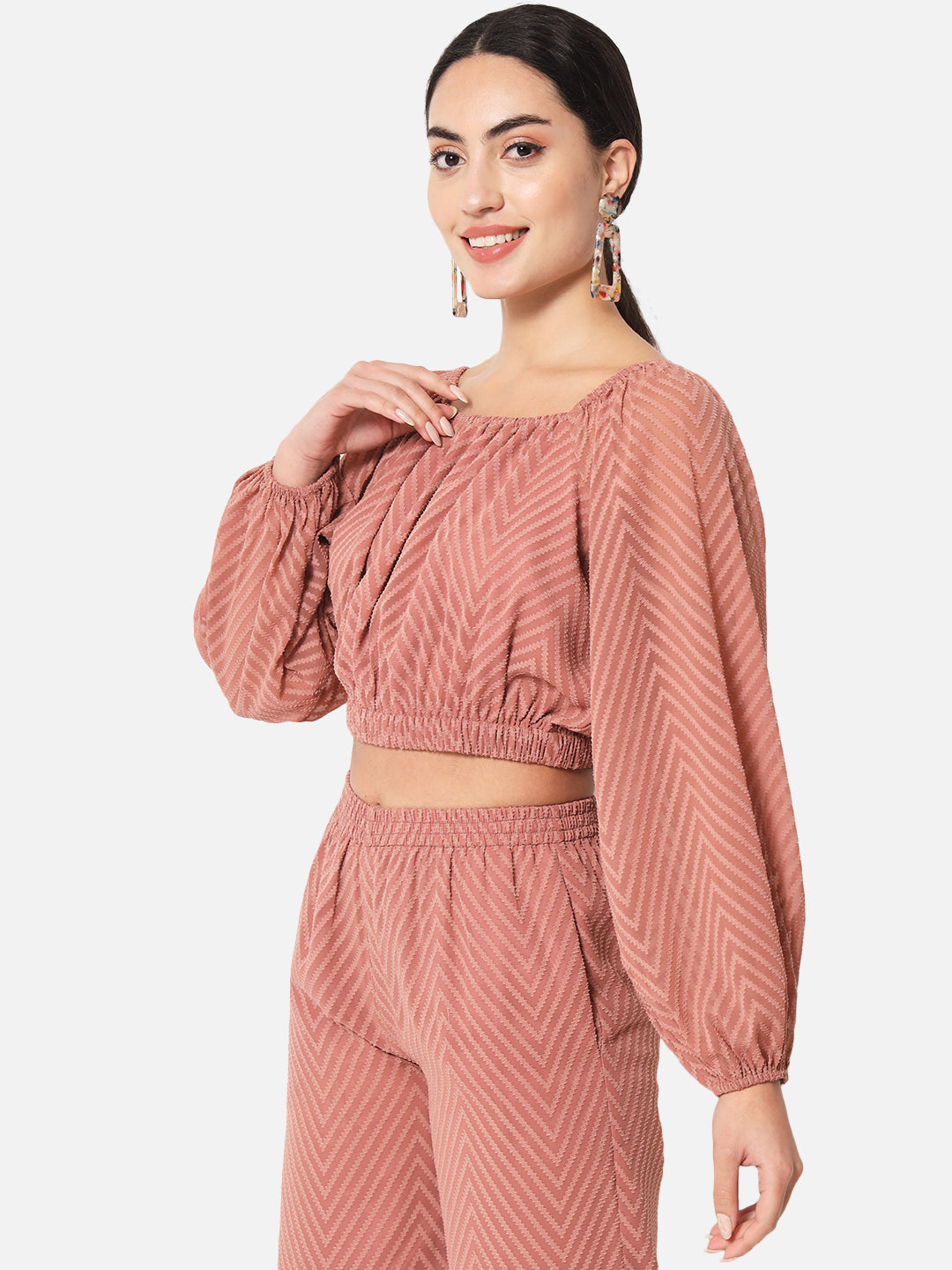 Zig-Zag Brown Square Neck Crop Top for Women
