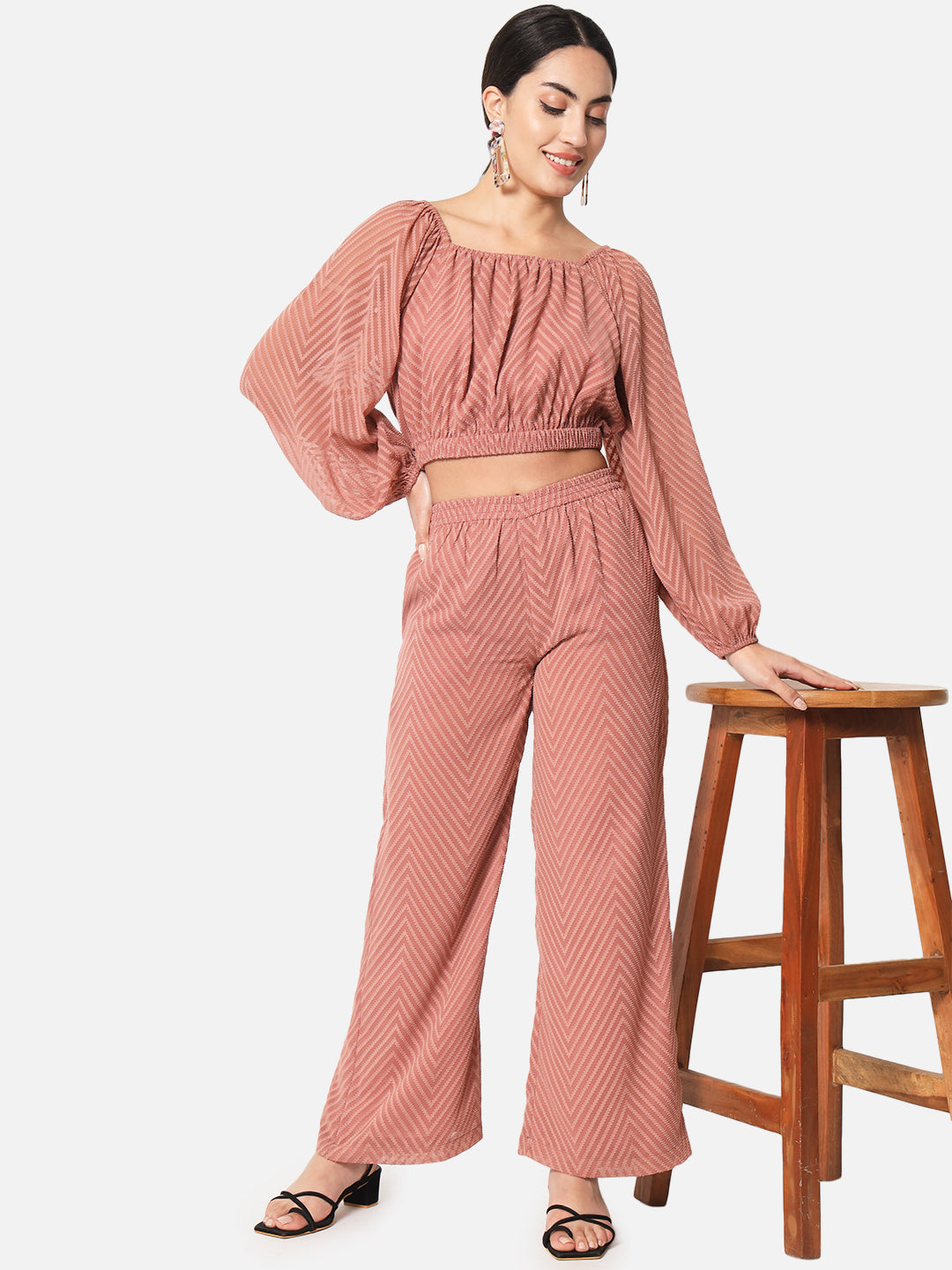 Zig-Zag Brown Square Neck Crop Top for Women