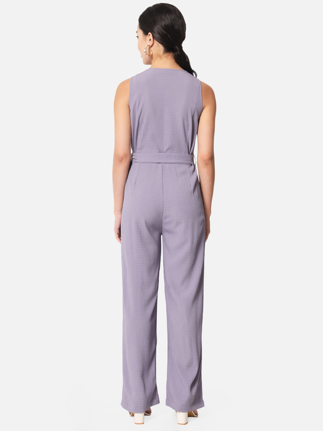 Solid Purple Sleeveless Jumpsuit for Women with Front Zip