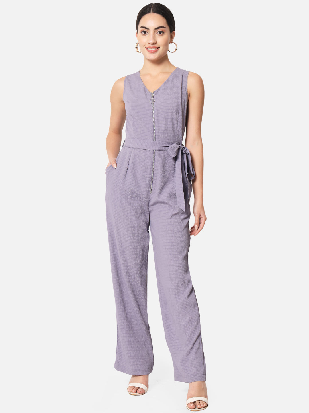 Solid Purple Sleeveless Jumpsuit for Women with Front Zip