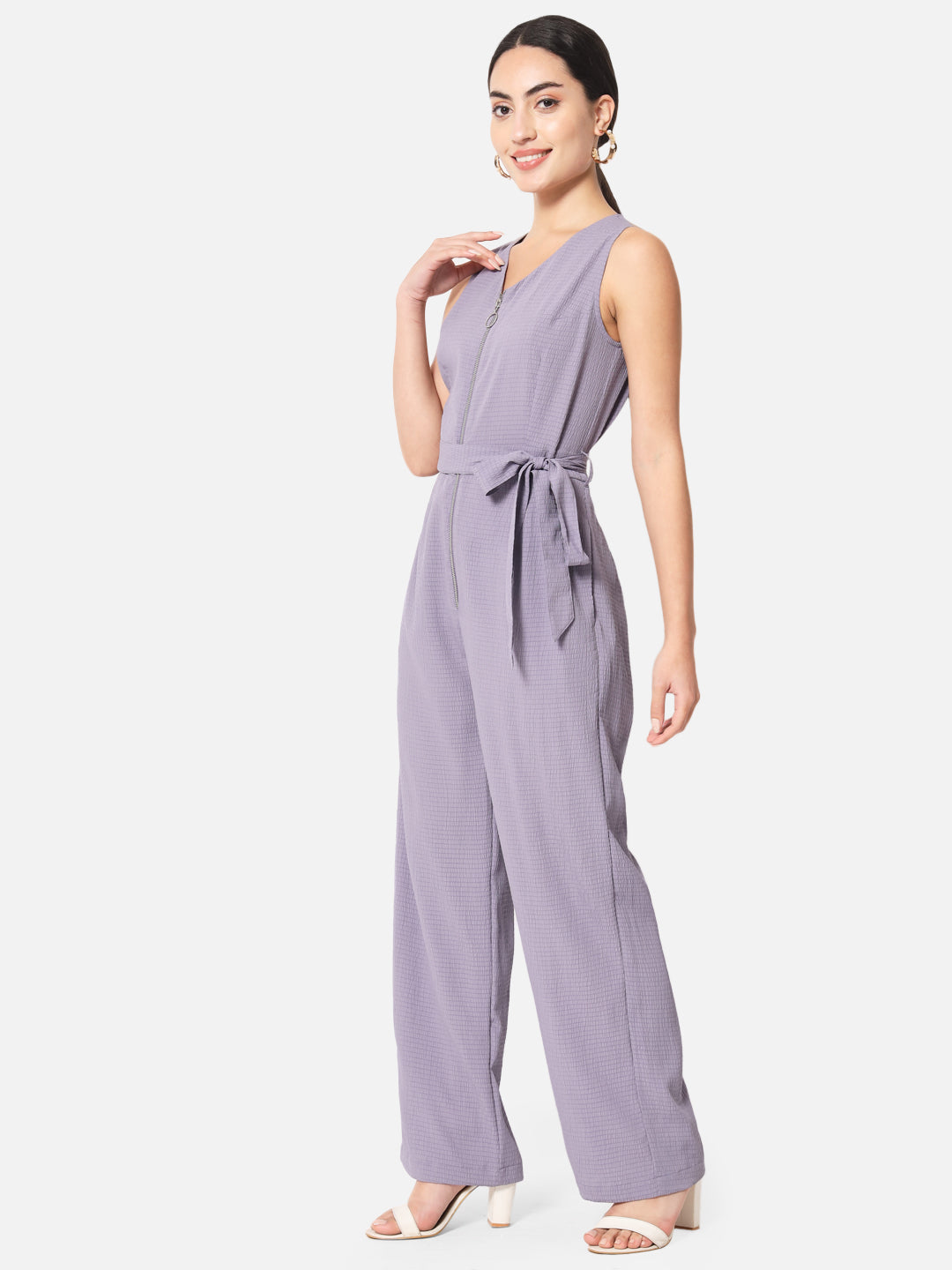 Solid Purple Sleeveless Jumpsuit for Women with Front Zip