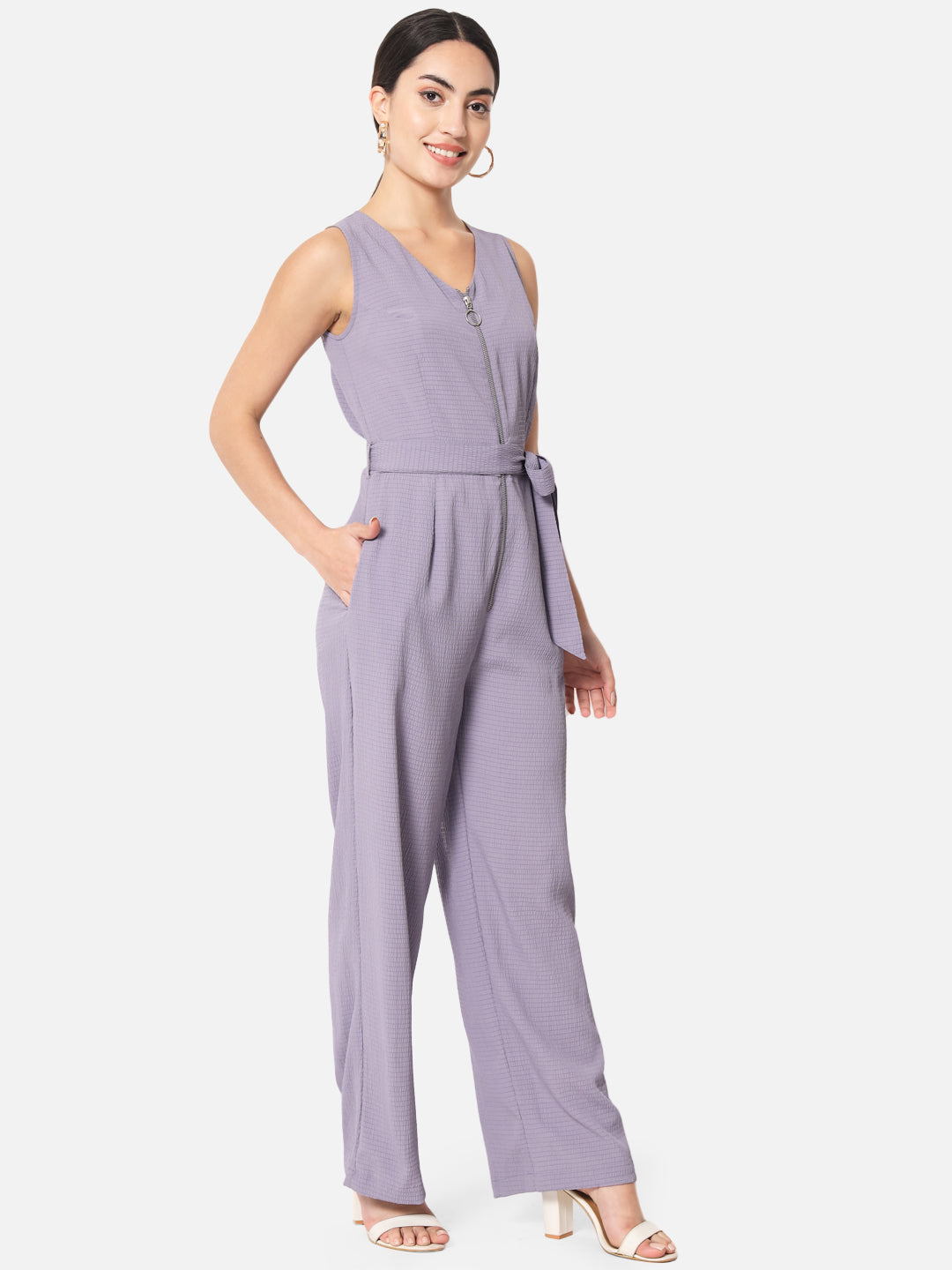 Solid Purple Sleeveless Jumpsuit for Women with Front Zip