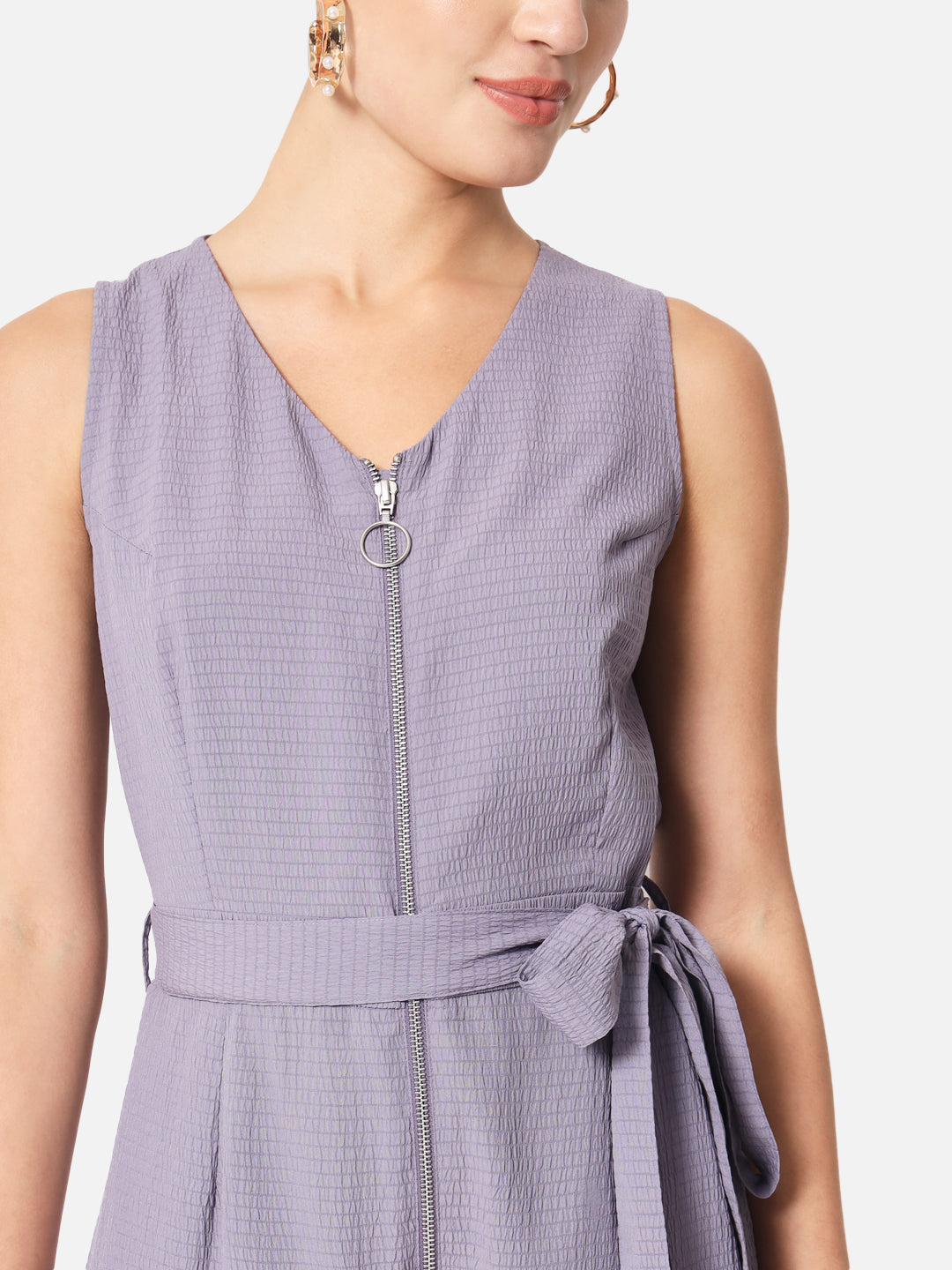 Solid Purple Sleeveless Jumpsuit for Women with Front Zip