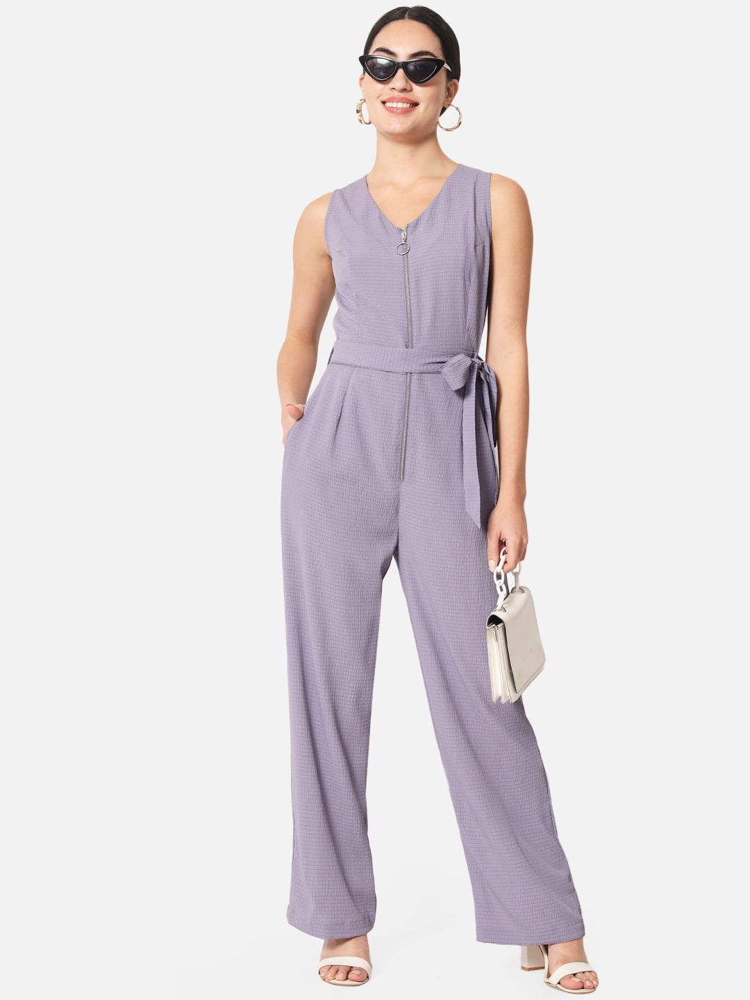 Solid Purple Sleeveless Jumpsuit for Women with Front Zip