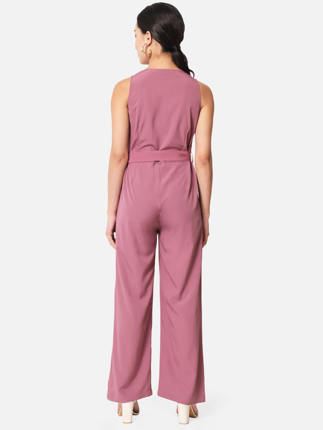 Solid Pink Sleeveless Jumpsuit for Women with Front Zip