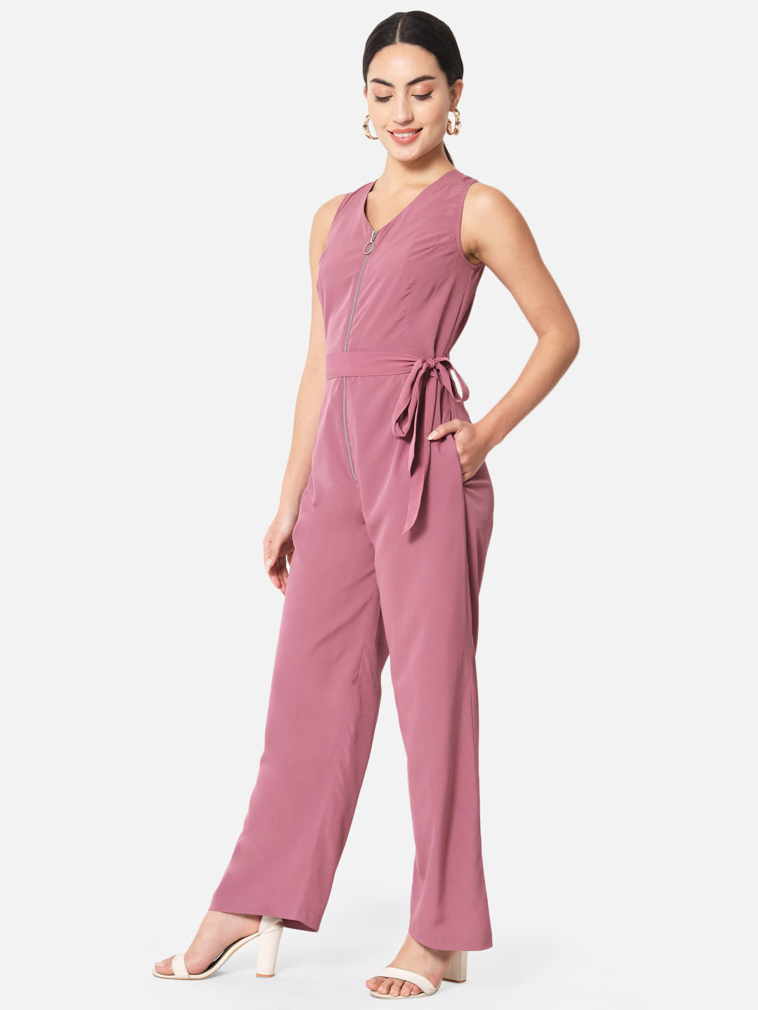Solid Pink Sleeveless Jumpsuit for Women with Front Zip