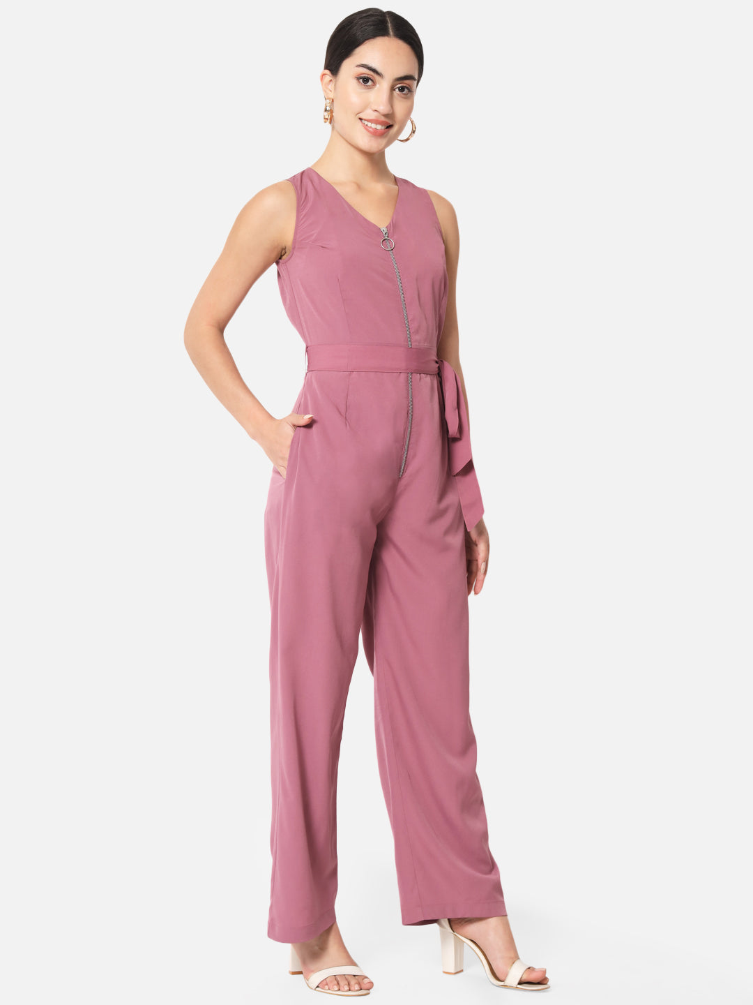 Solid Pink Sleeveless Jumpsuit for Women with Front Zip