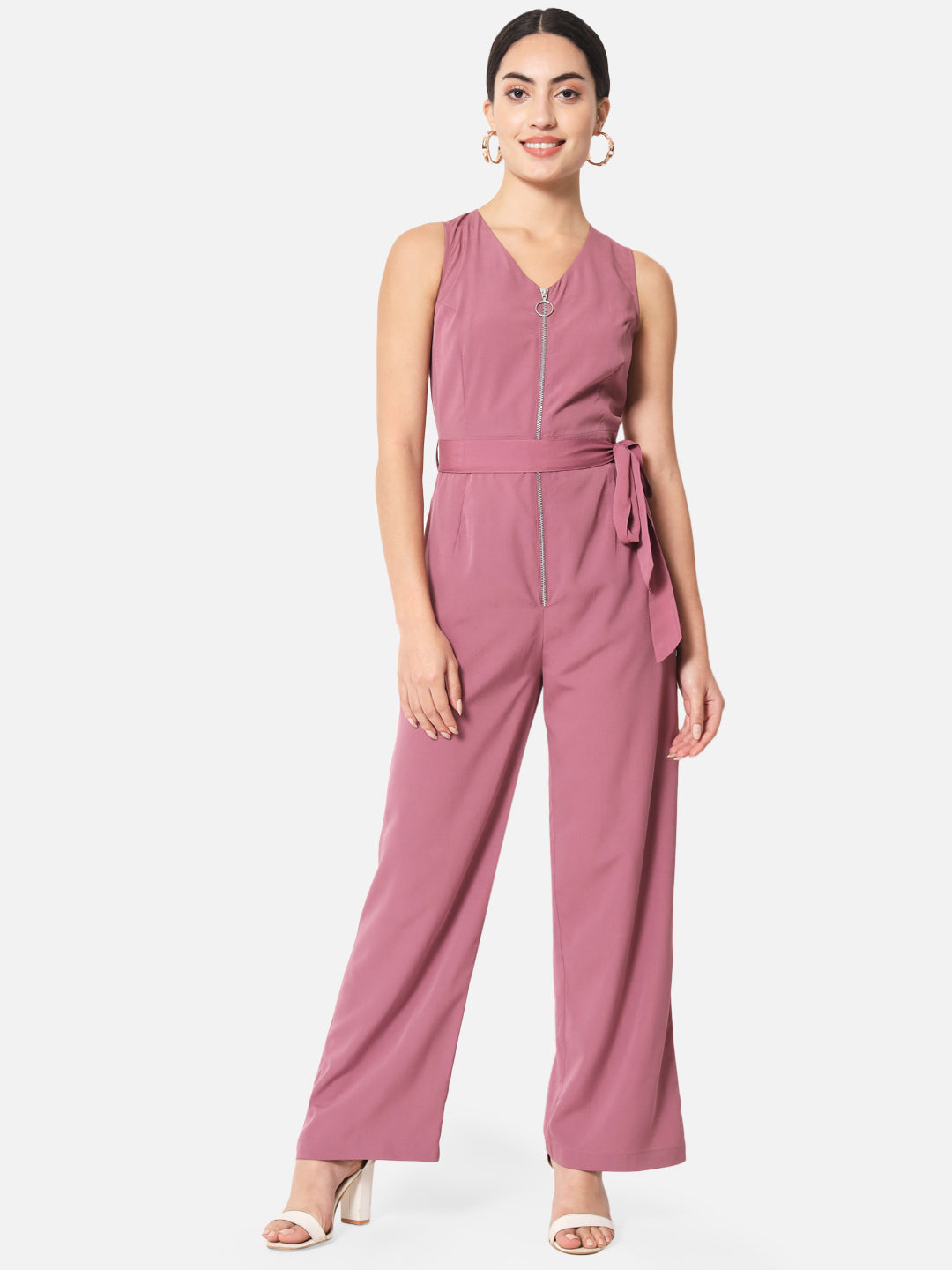 Solid Pink Sleeveless Jumpsuit for Women with Front Zip
