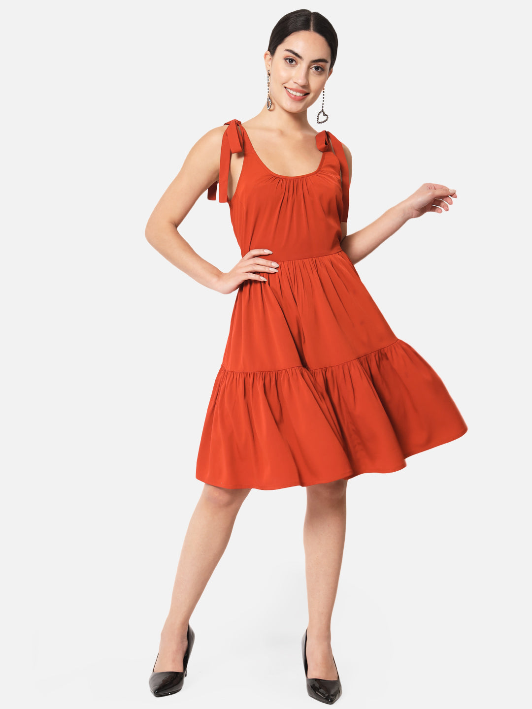 Solid Rust Sleeveless Skater Dress for Women