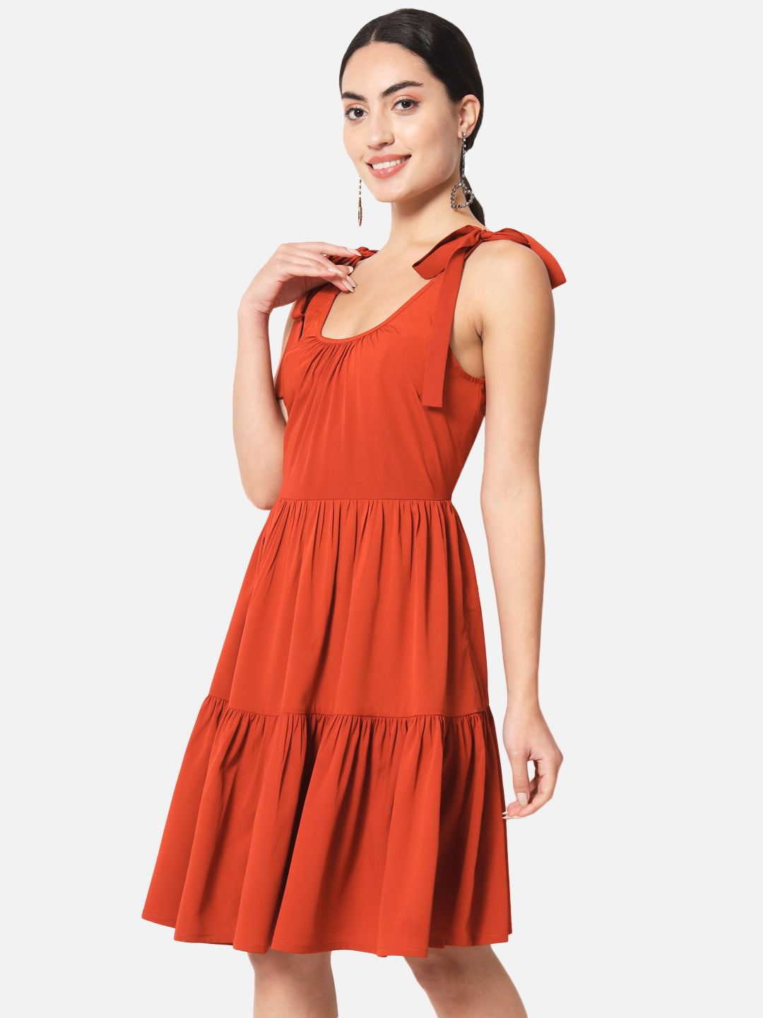Solid Rust Sleeveless Skater Dress for Women