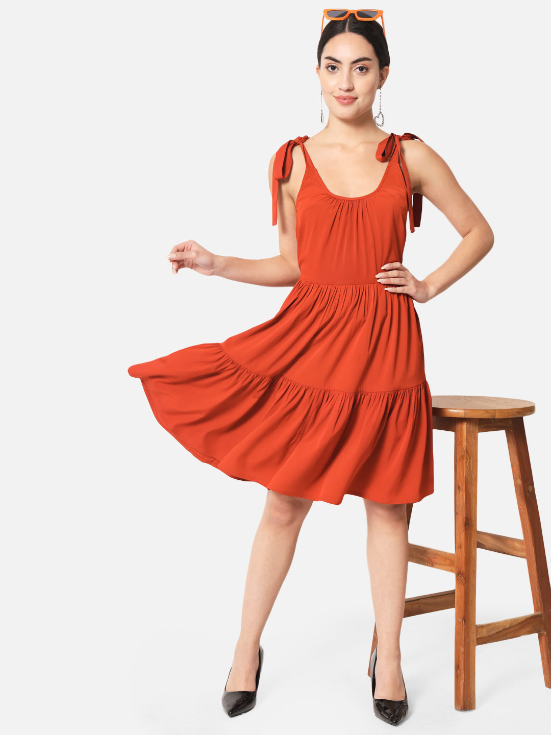 Solid Rust Sleeveless Skater Dress for Women
