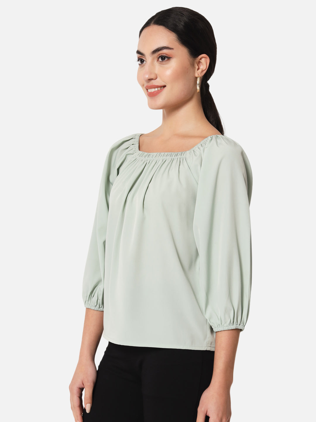 Solid Light Green Square Neck Top for Women