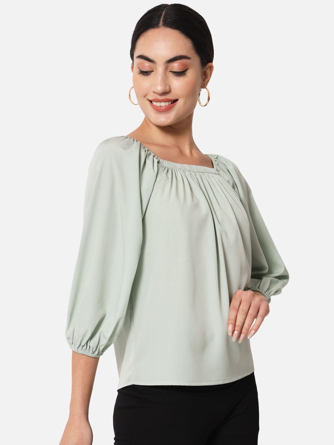 Solid Light Green Square Neck Top for Women