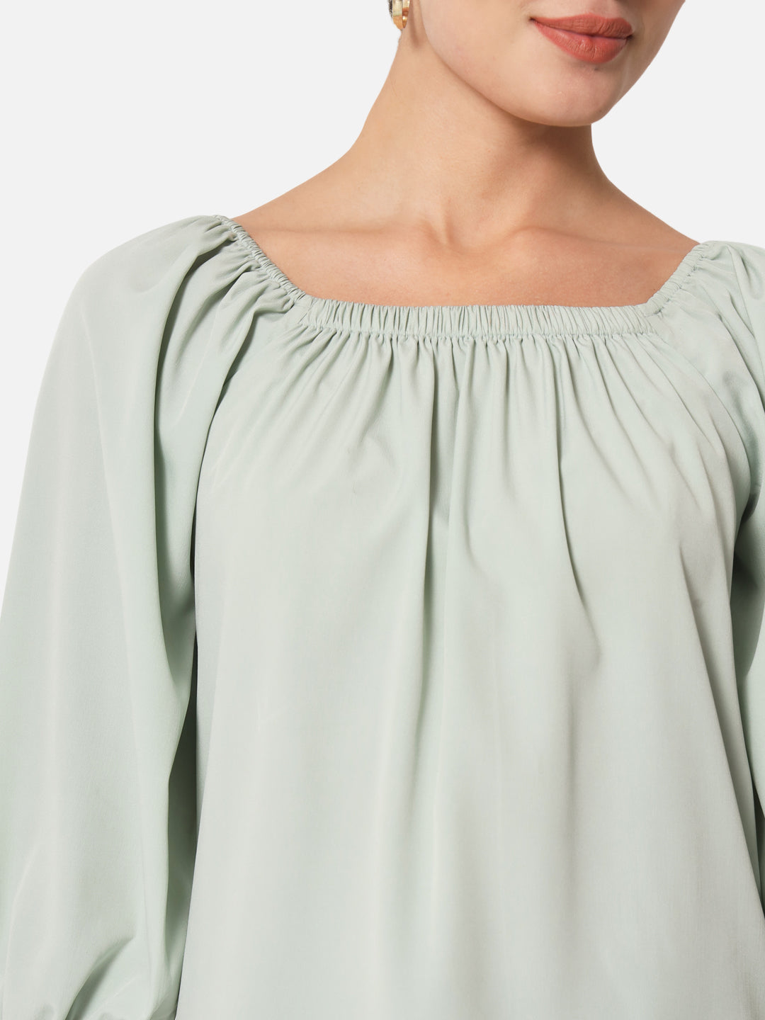 Solid Light Green Square Neck Top for Women
