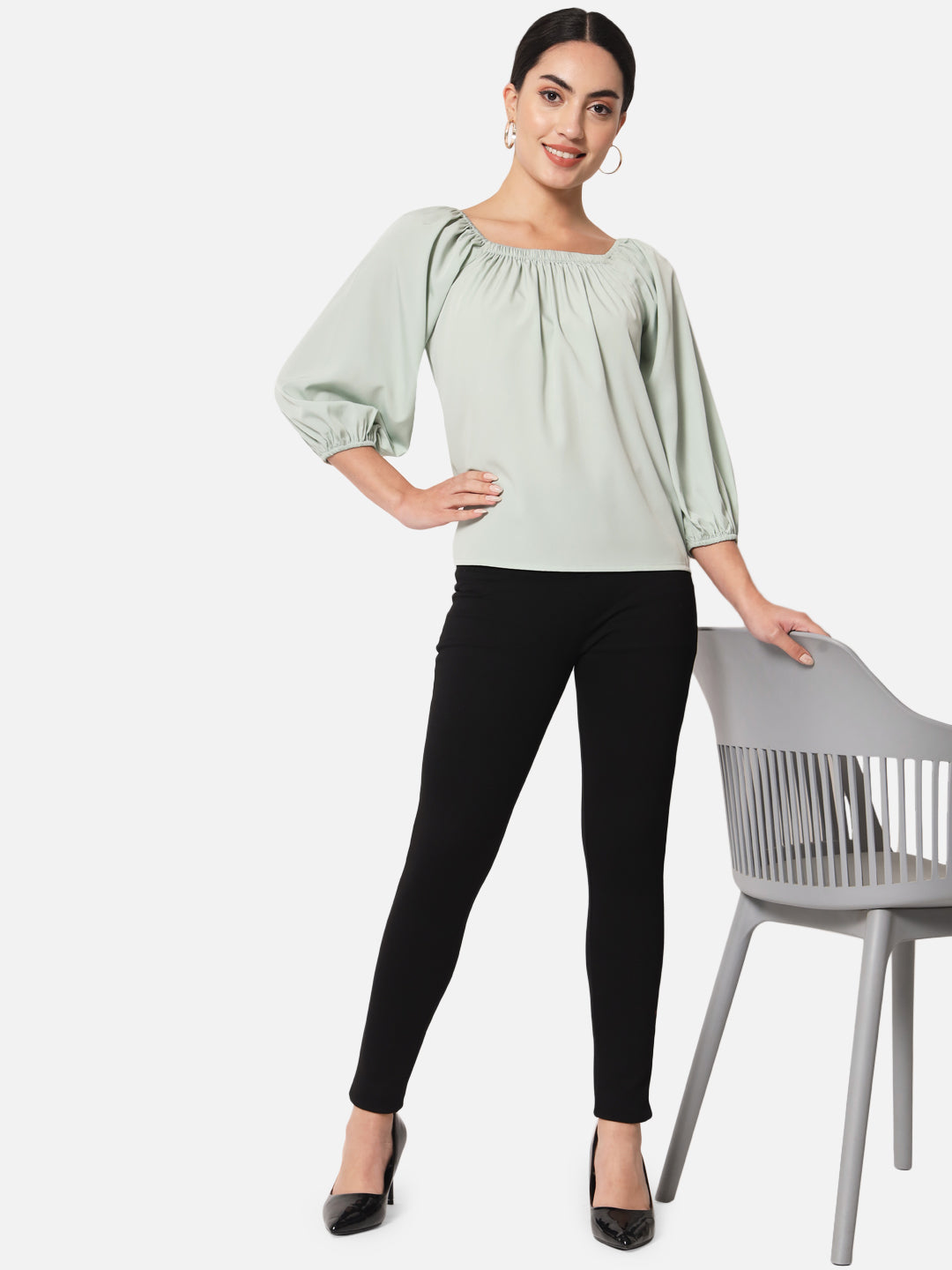 Solid Light Green Square Neck Top for Women