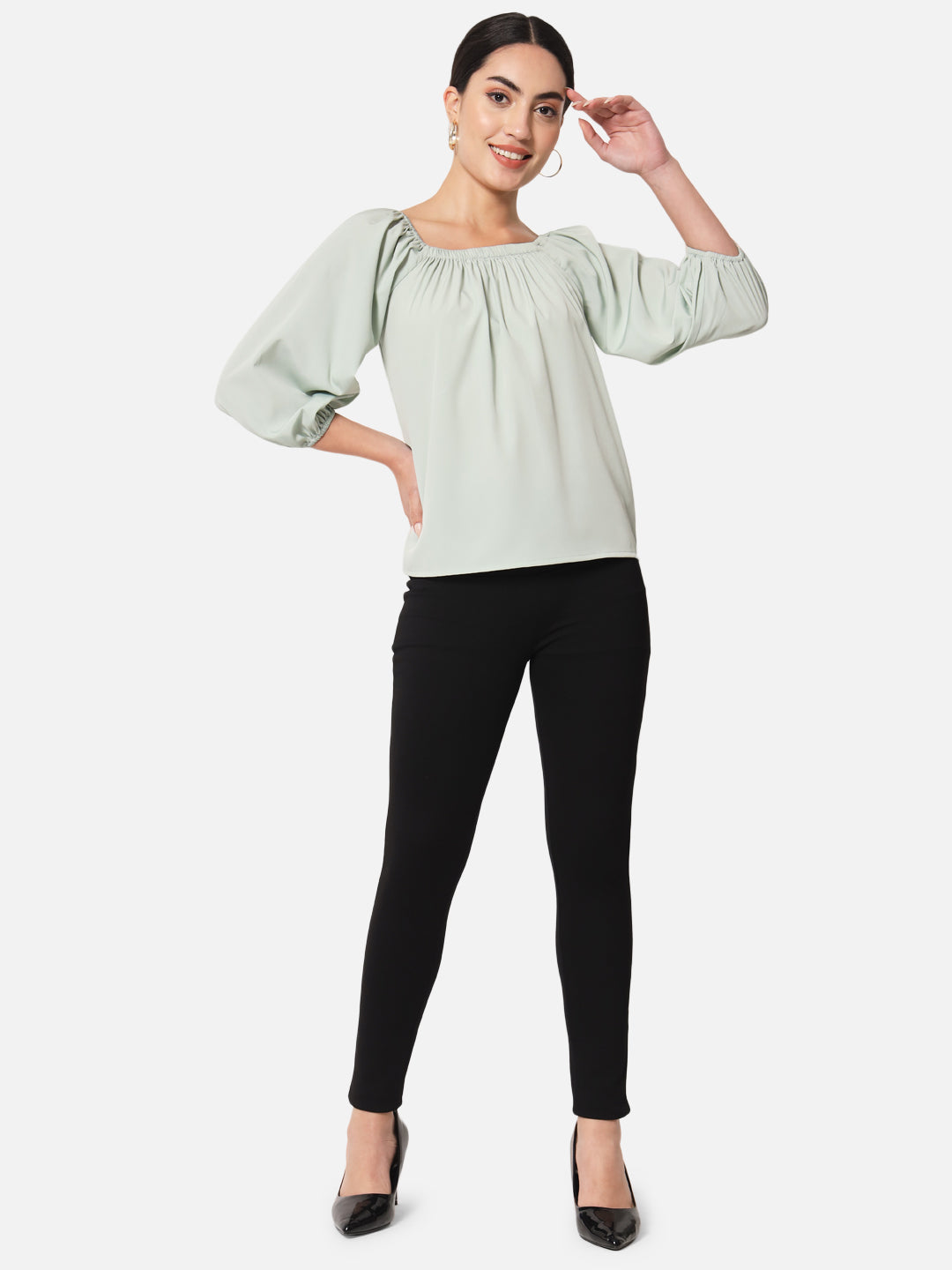 Solid Light Green Square Neck Top for Women