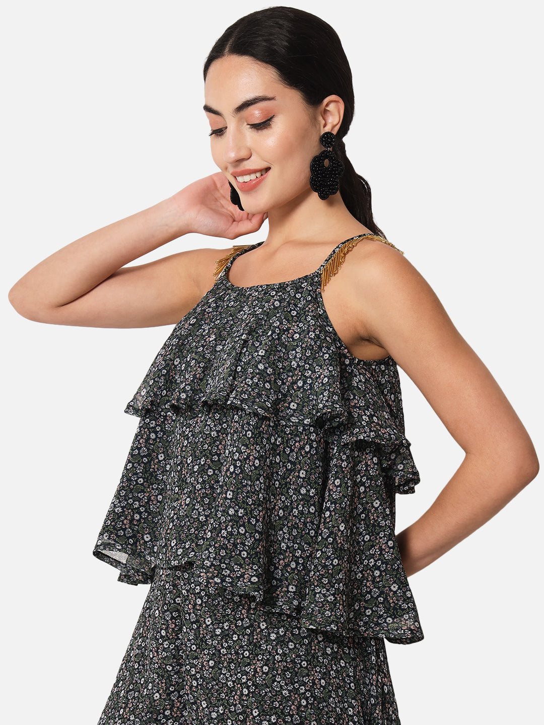 Black Embellished Sleeveless Tiered for Women