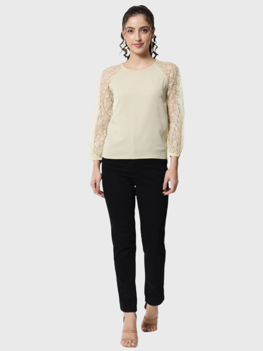 Beige Solid Round Neck Top for Women