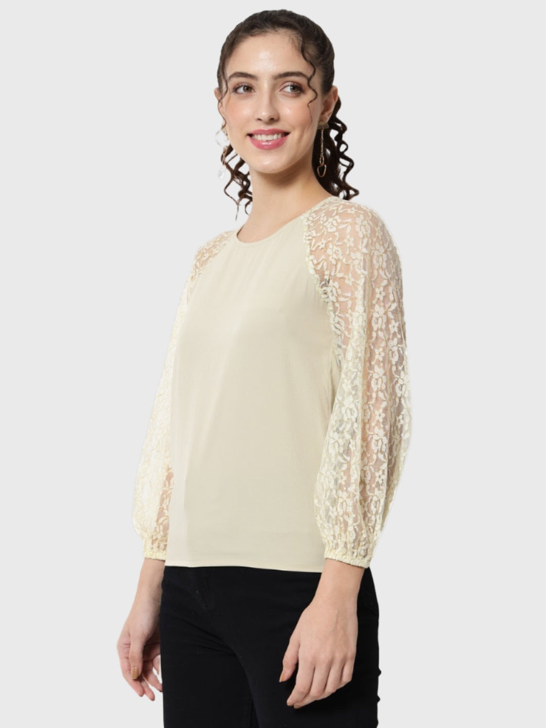 Beige Solid Round Neck Top for Women