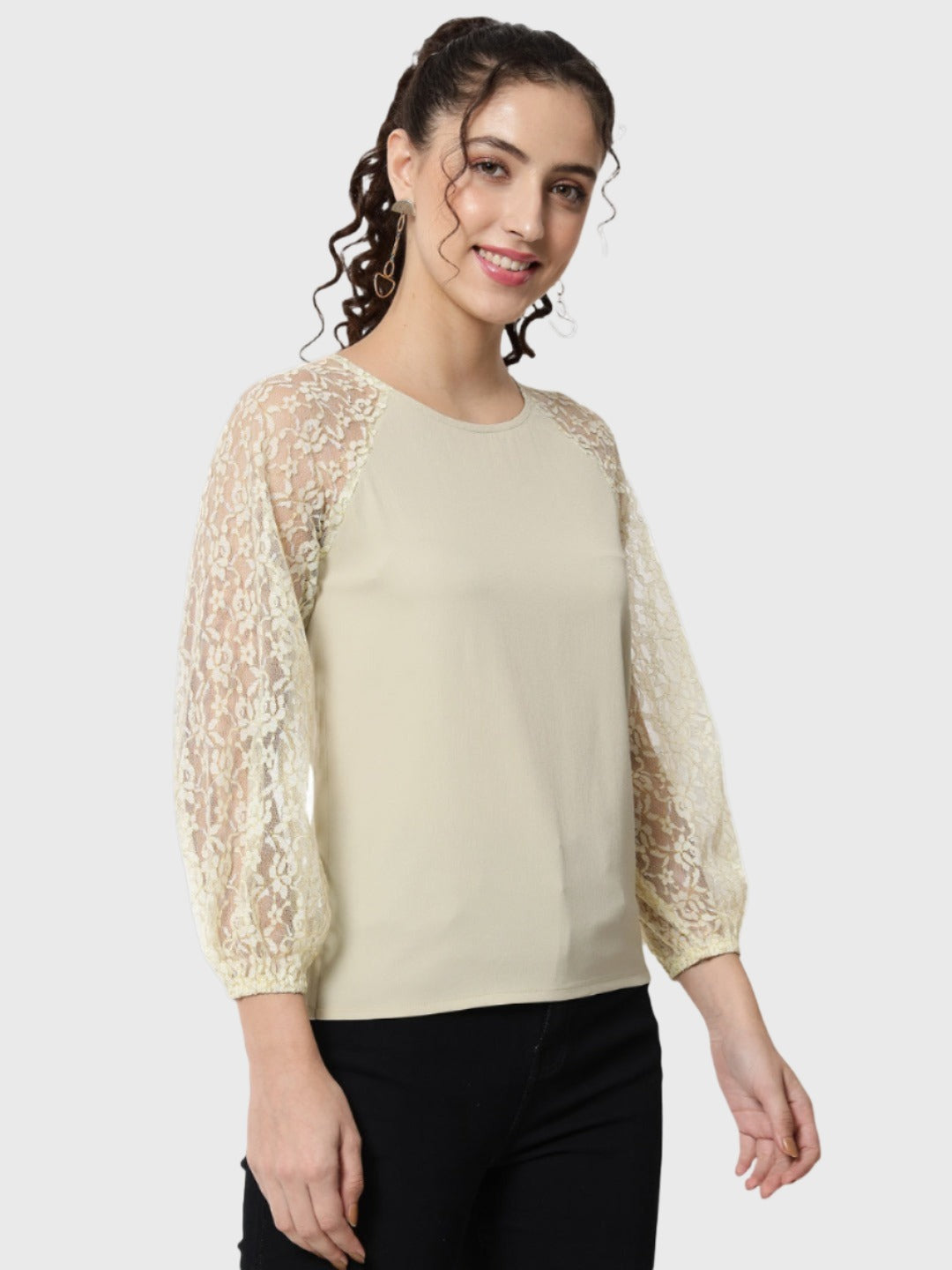 Beige Solid Round Neck Top for Women