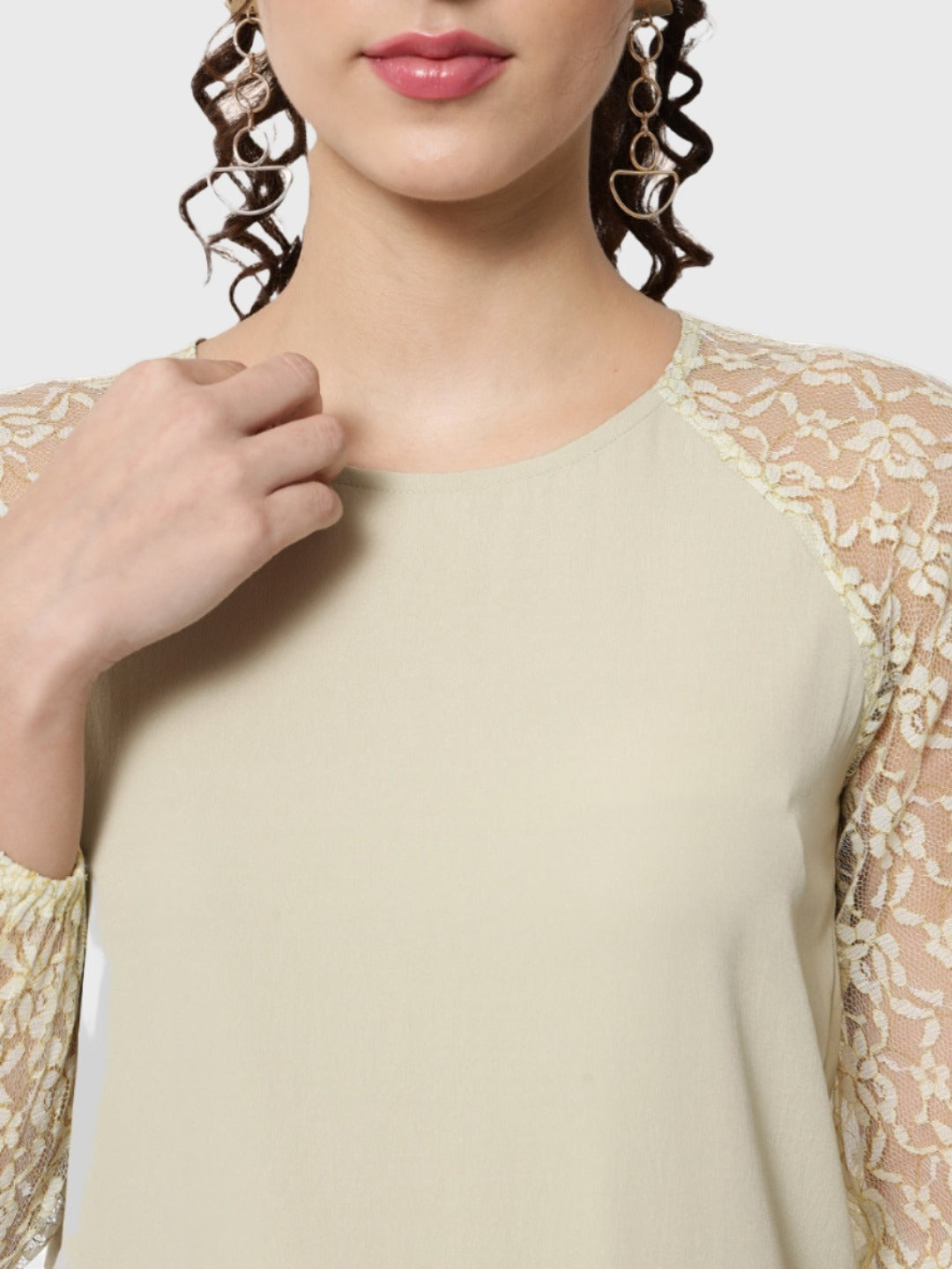 Beige Solid Round Neck Top for Women