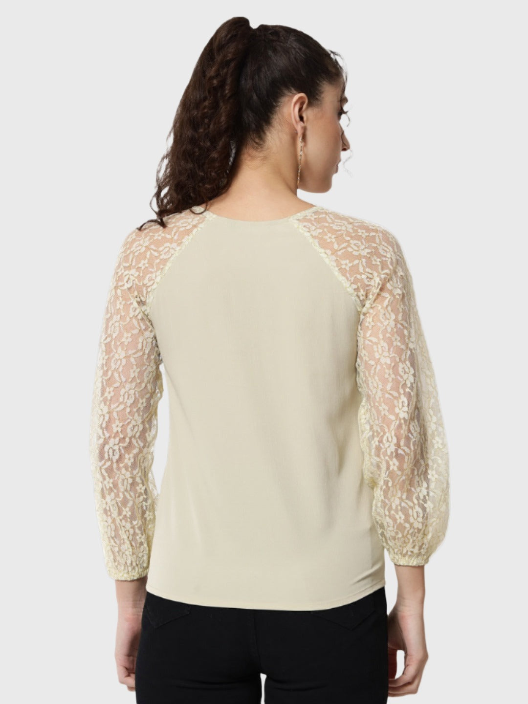 Beige Solid Round Neck Top for Women
