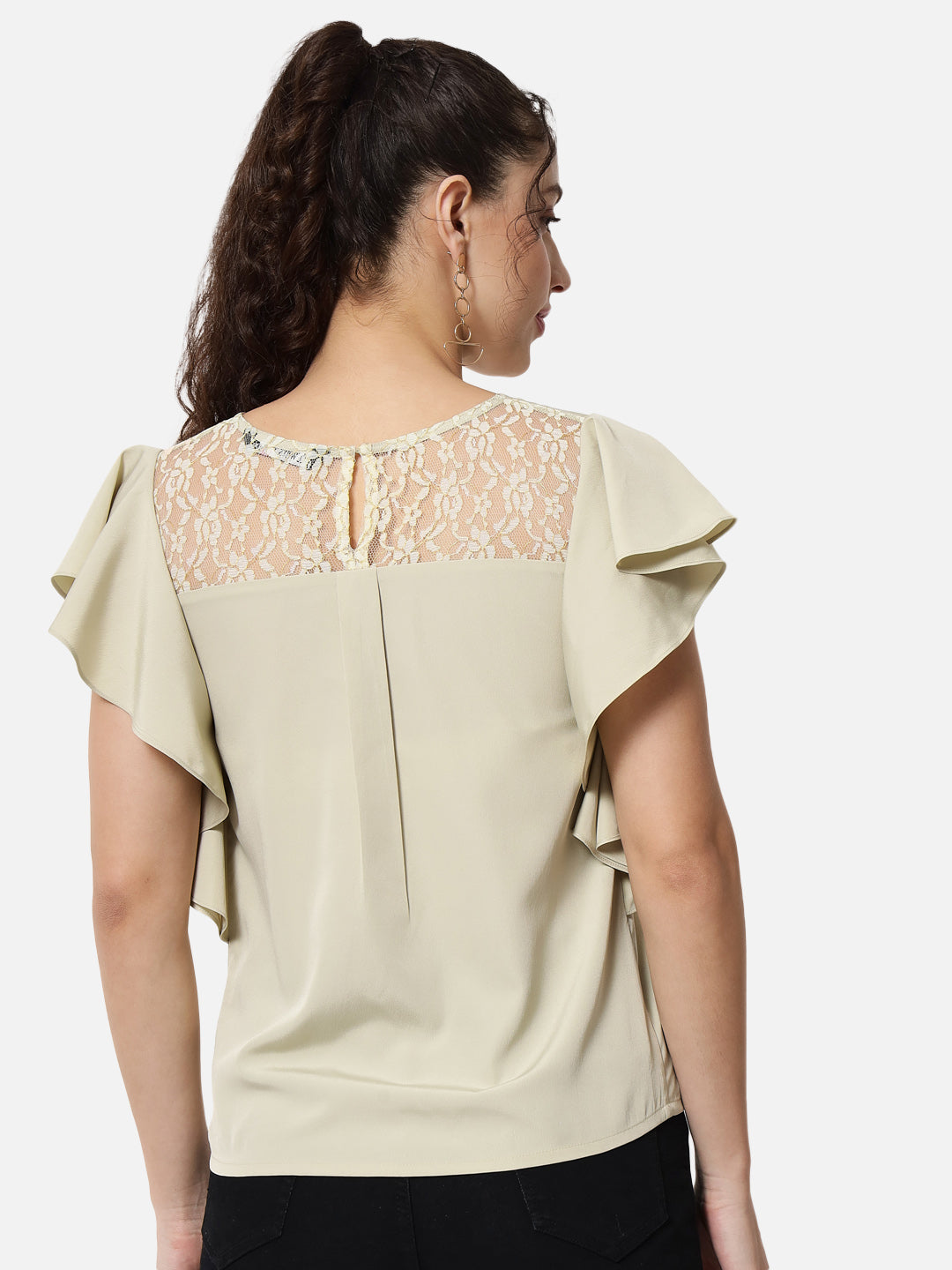 Beige Solid Round Neck Top for Women