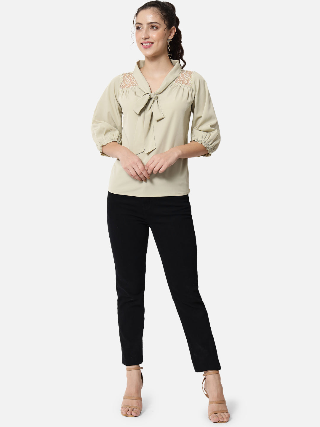 Beige Solid Tie-Up Neck Top for Women
