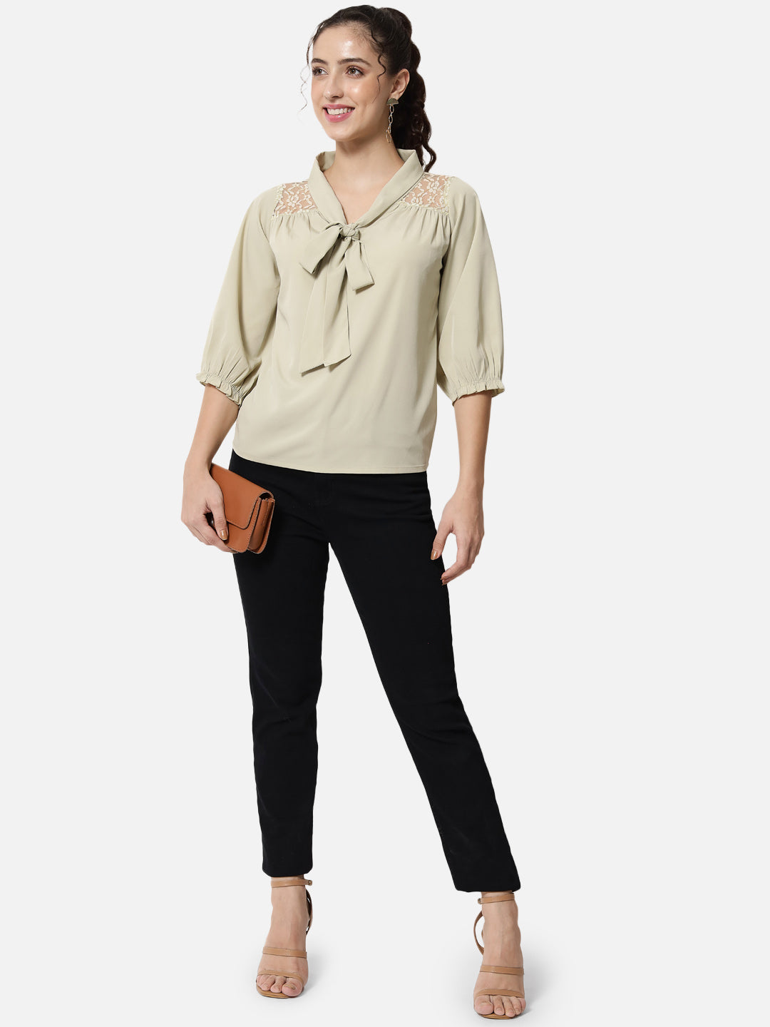 Beige Solid Tie-Up Neck Top for Women
