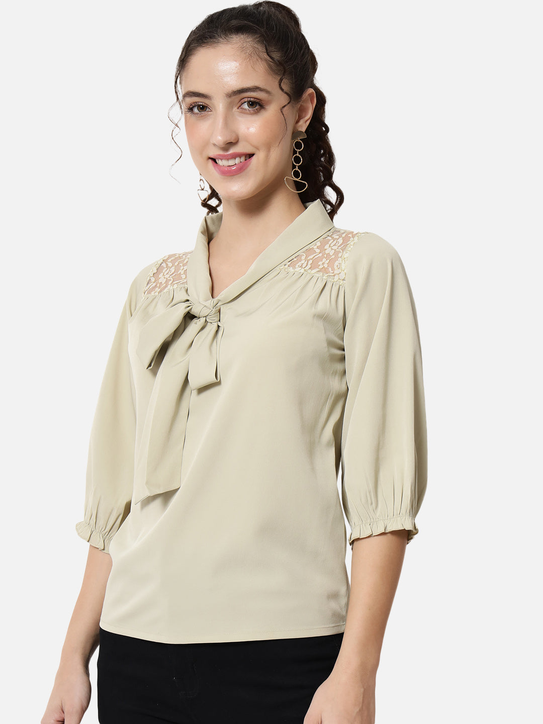 Beige Solid Tie-Up Neck Top for Women