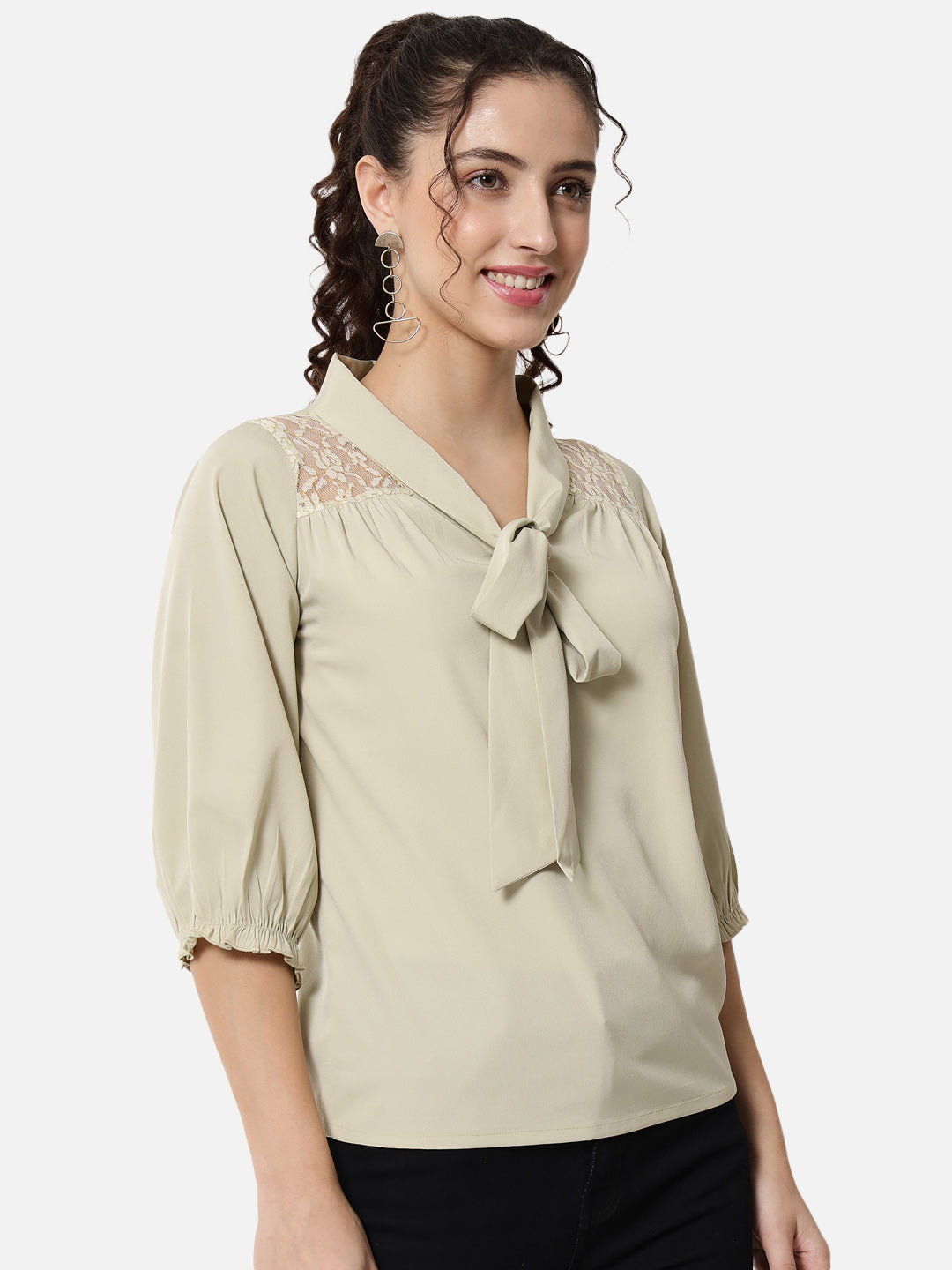 Beige Solid Tie-Up Neck Top for Women