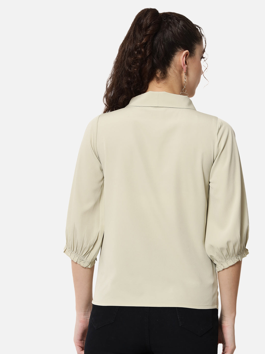 Beige Solid Tie-Up Neck Top for Women