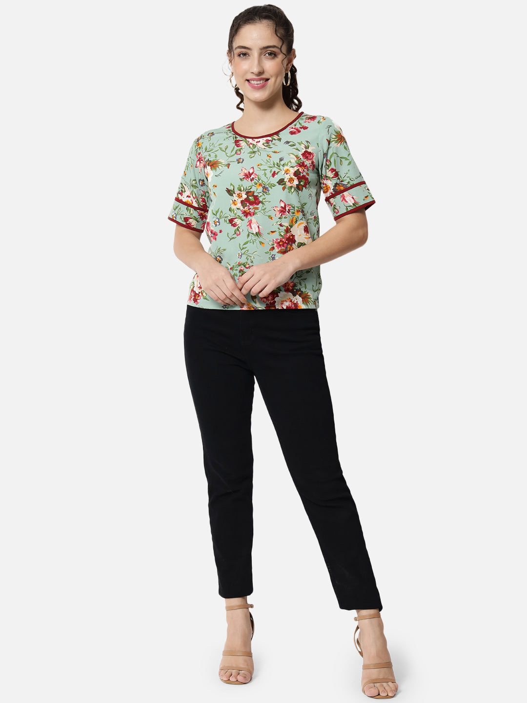 Light Green Floral Half Sleeve Top for Women