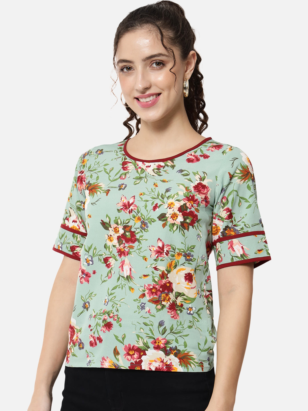 Light Green Floral Half Sleeve Top for Women