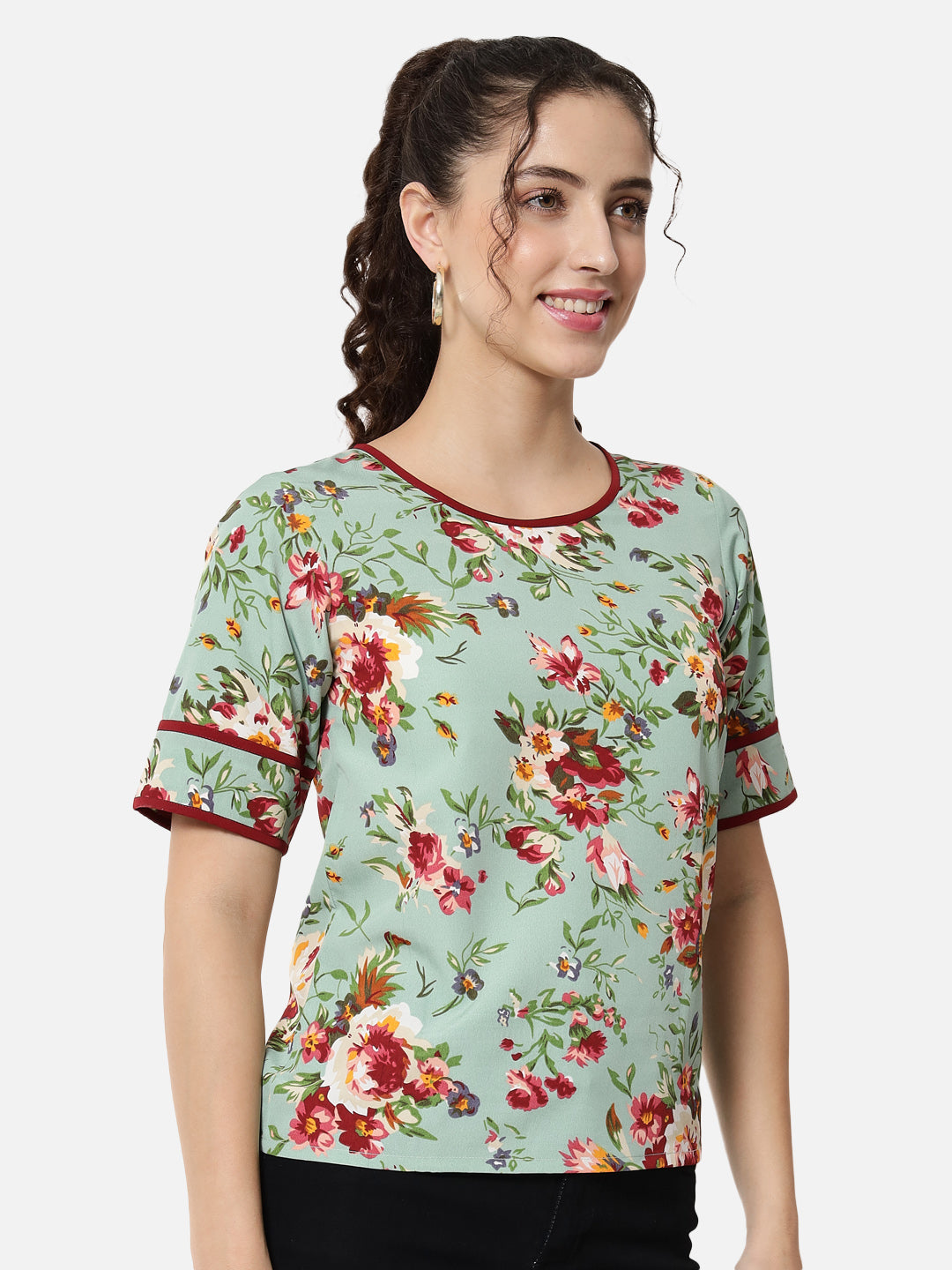 Light Green Floral Half Sleeve Top for Women